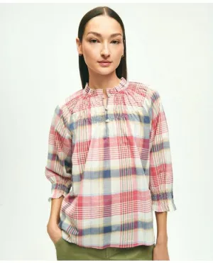 Brooks Brothers Women's Washed Cotton Madras Peasant Blouse Red Brooks Brothers