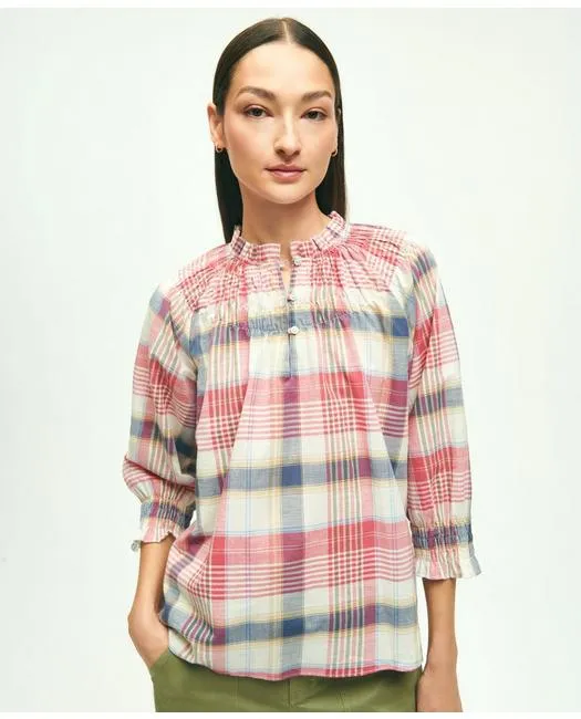 Brooks Brothers Women's Washed Cotton Madras Peasant Blouse Red Brooks Brothers