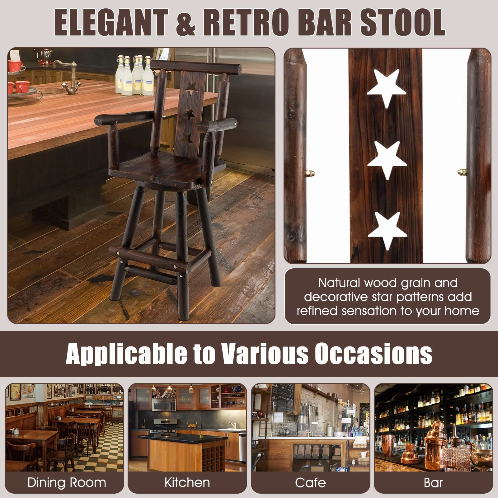 Brown Bar Stool, 29 Solid Fir Wood Bar Chair with Footrest, Decorative Star Backrest, Wide Armrest, Rustic Kitchen Stool