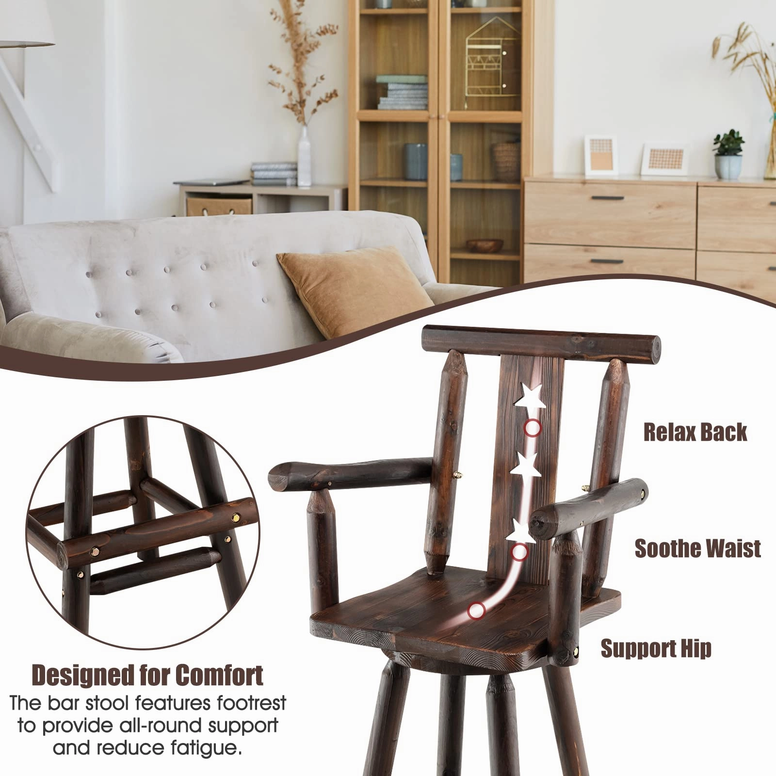 Brown Bar Stool, 29 Solid Fir Wood Bar Chair with Footrest, Decorative Star Backrest, Wide Armrest, Rustic Kitchen Stool