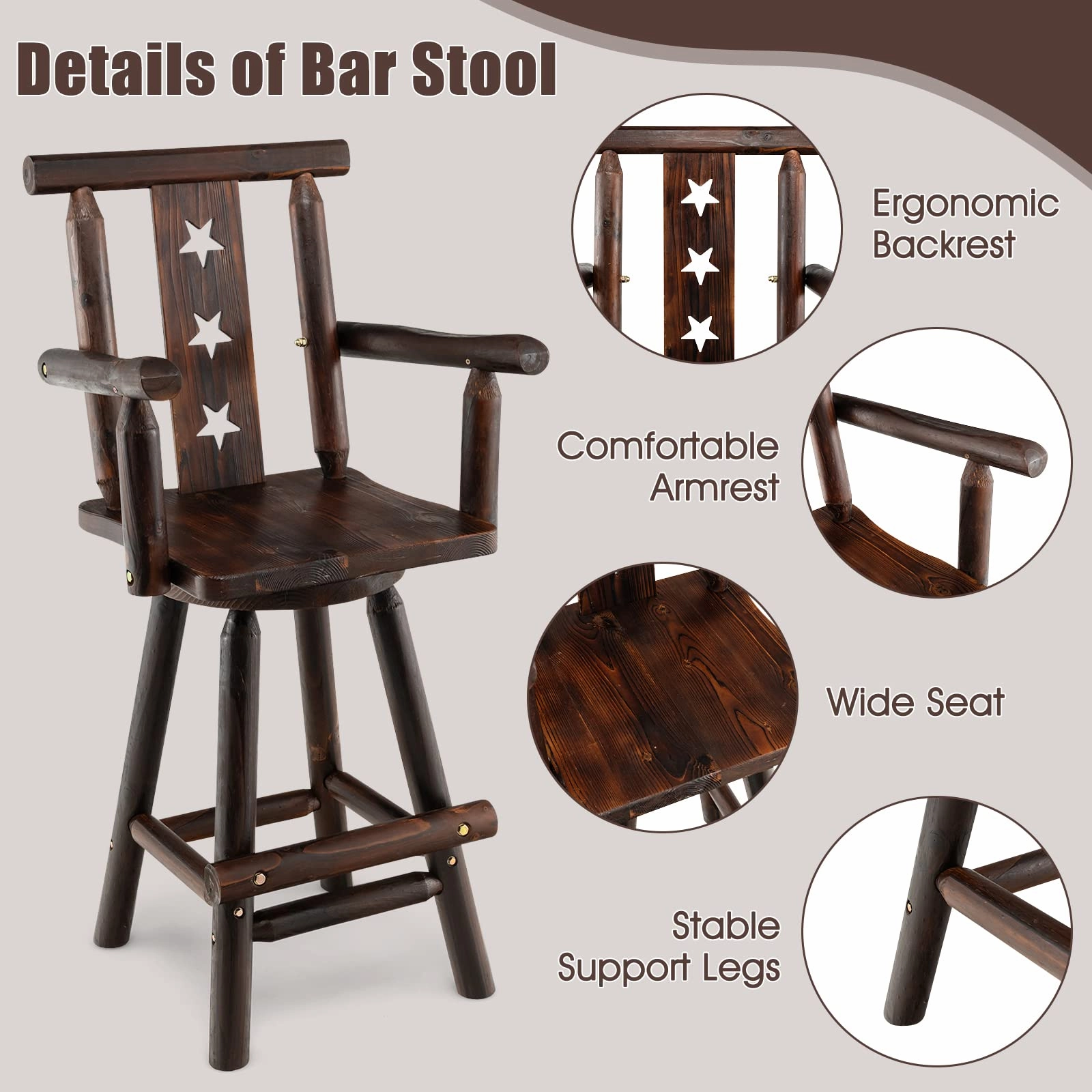 Brown Bar Stool, 29 Solid Fir Wood Bar Chair with Footrest, Decorative Star Backrest, Wide Armrest, Rustic Kitchen Stool