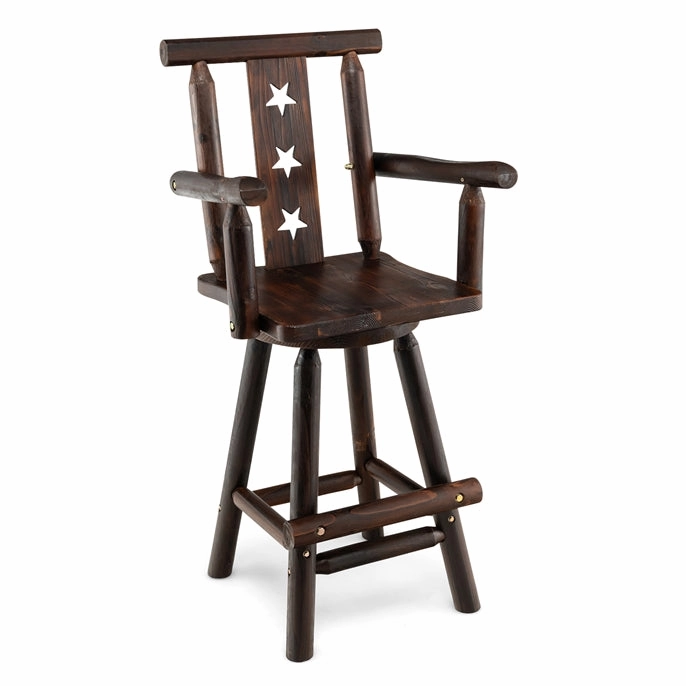 Brown Bar Stool, 29 Solid Fir Wood Bar Chair with Footrest, Decorative Star Backrest, Wide Armrest, Rustic Kitchen Stool