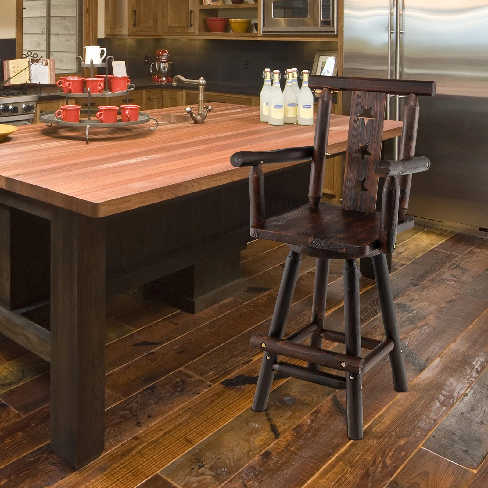 Brown Bar Stool, 29 Solid Fir Wood Bar Chair with Footrest, Decorative Star Backrest, Wide Armrest, Rustic Kitchen Stool