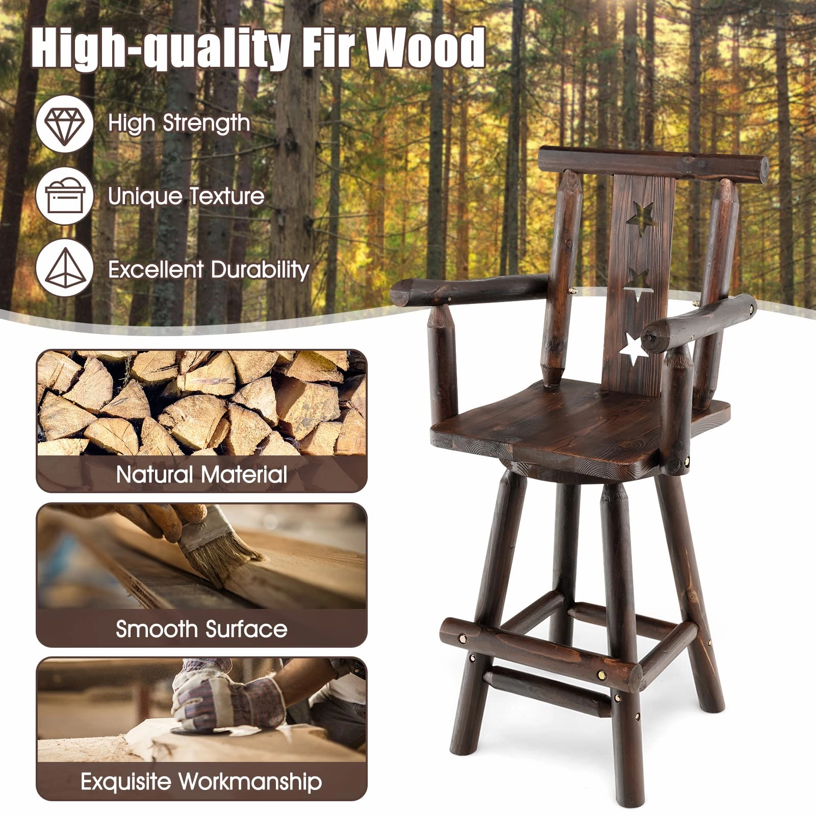 Brown Bar Stool, 29 Solid Fir Wood Bar Chair with Footrest, Decorative Star Backrest, Wide Armrest, Rustic Kitchen Stool