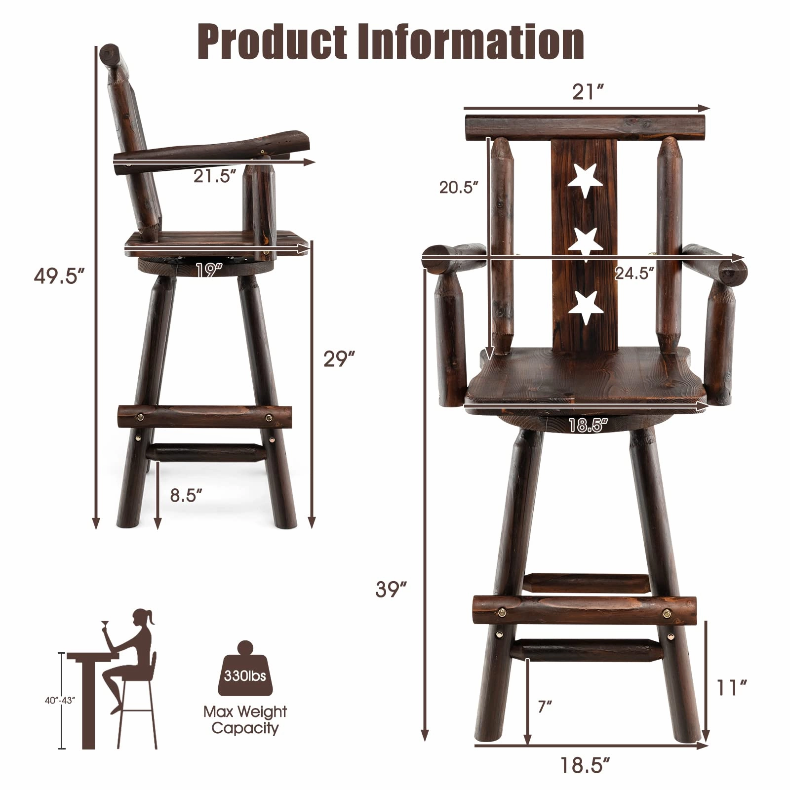 Brown Bar Stool, 29 Solid Fir Wood Bar Chair with Footrest, Decorative Star Backrest, Wide Armrest, Rustic Kitchen Stool