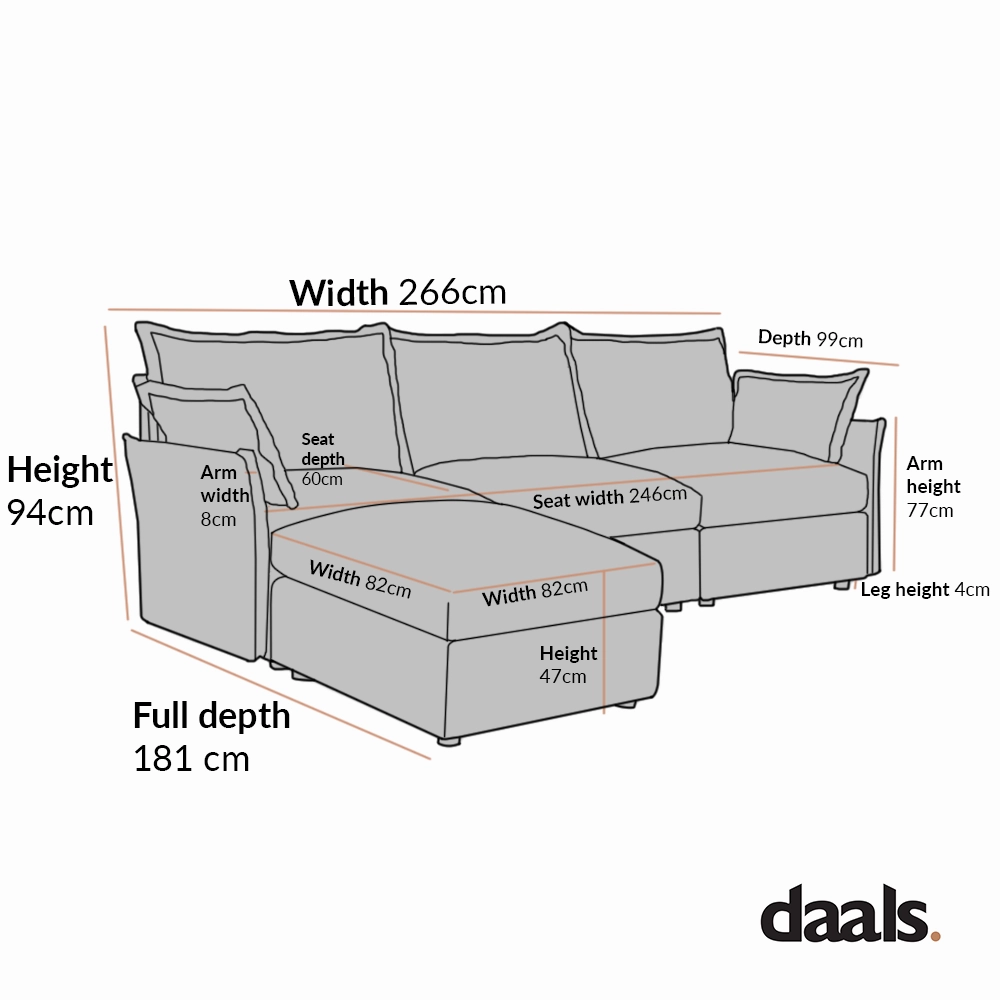Byron Pillow Edge Beige Fabric Modular Sofa, 3-Seater Chaise