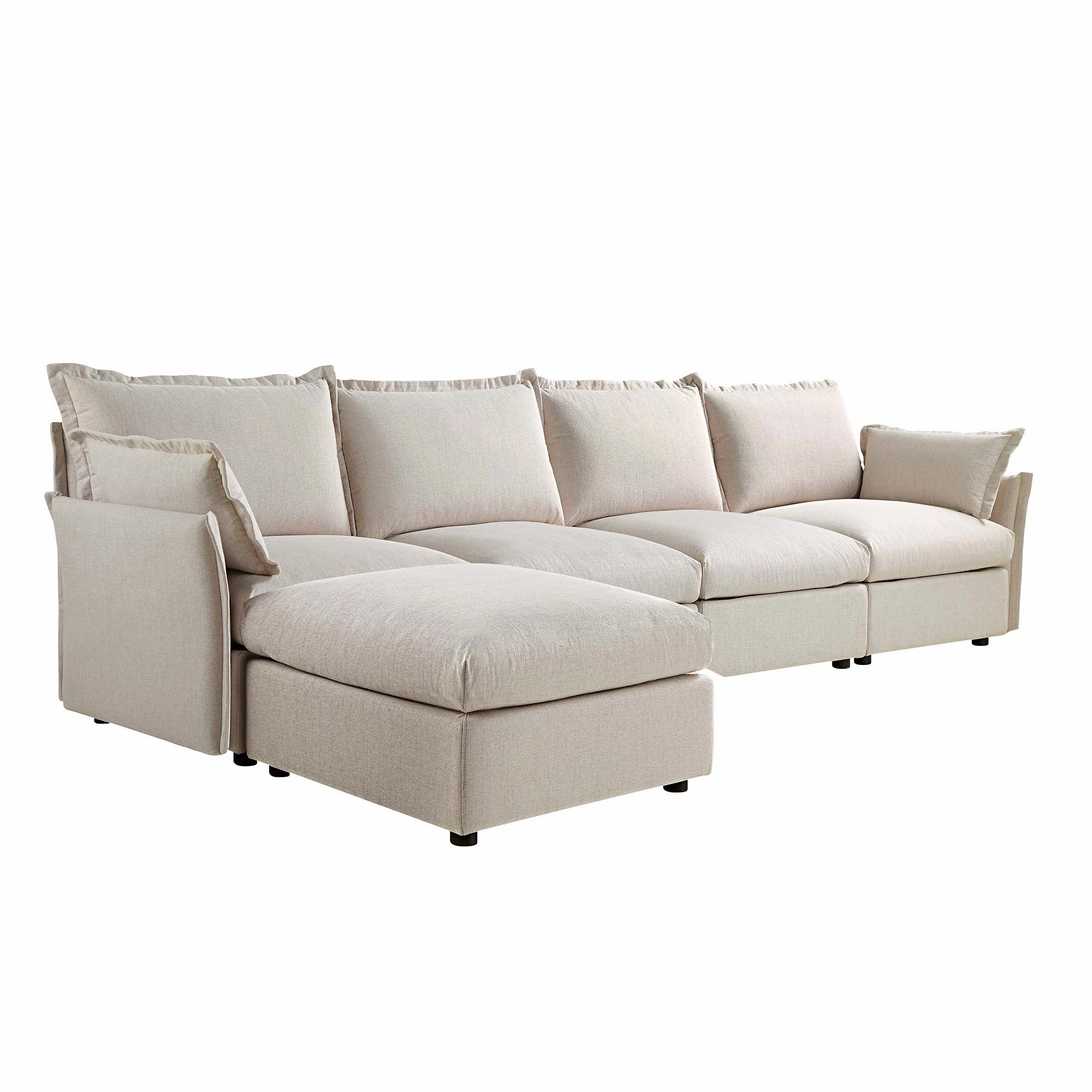 Byron Pillow Edge Beige Fabric Modular Sofa, 4-Seater Chaise