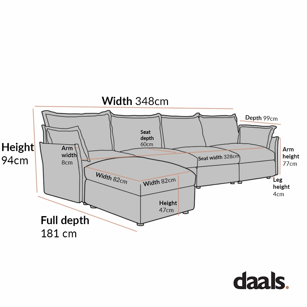 Byron Pillow Edge Beige Fabric Modular Sofa, 4-Seater Chaise