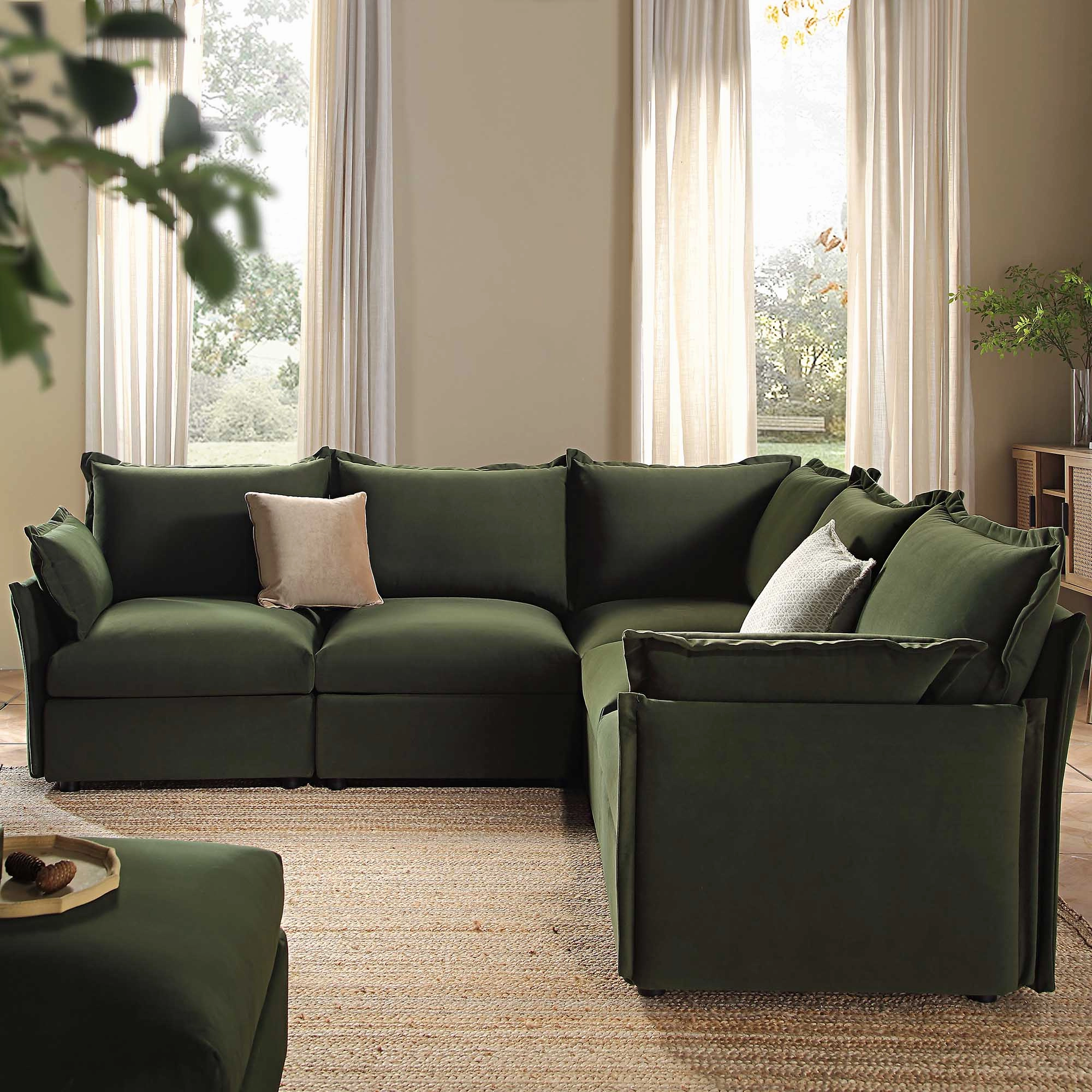 Byron Pillow Edge Moss Green Velvet Modular Sofa, 5-Seater Corner & Stool Set