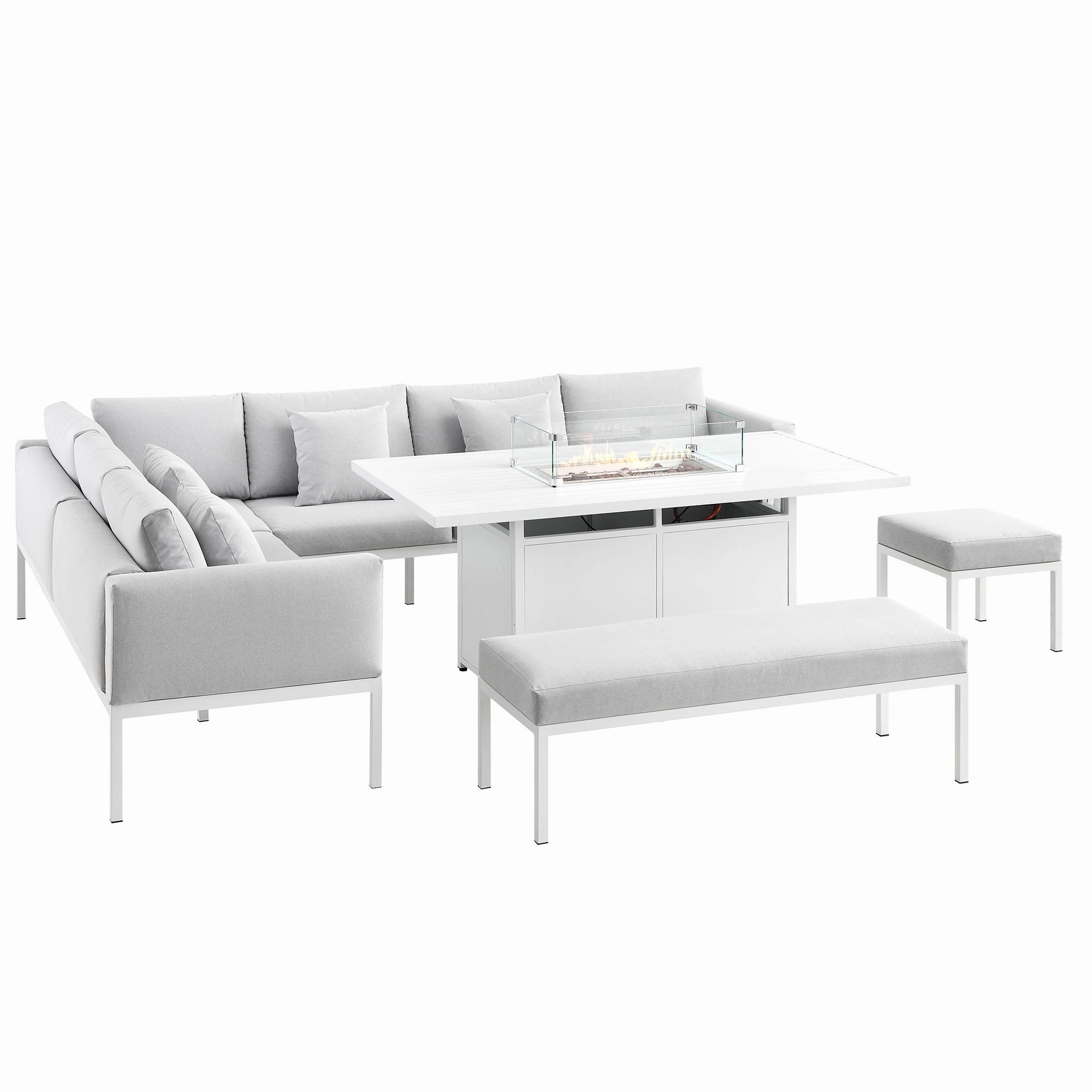 Calabasas Large Outdoor Fabric and Aluminium Corner Casual Dining Set with Firepit Table, Light Grey