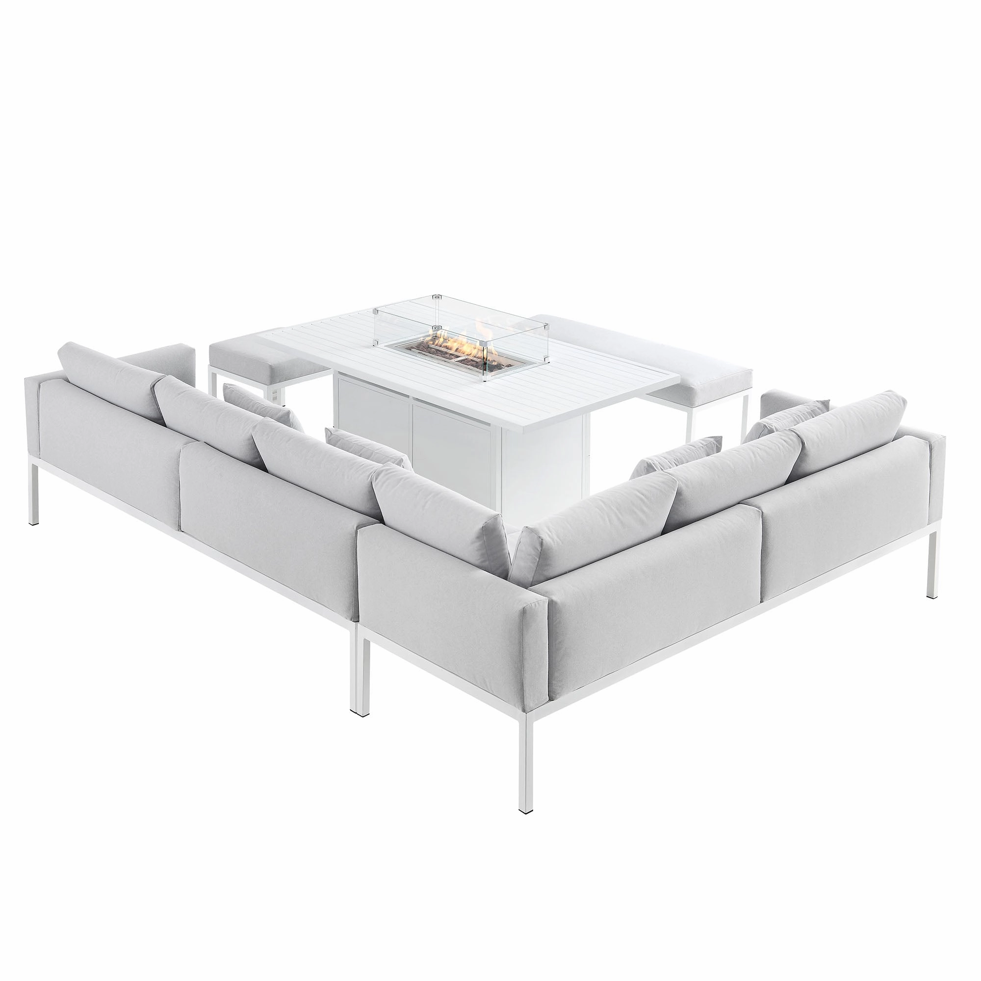 Calabasas Large Outdoor Fabric and Aluminium Corner Casual Dining Set with Firepit Table, Light Grey