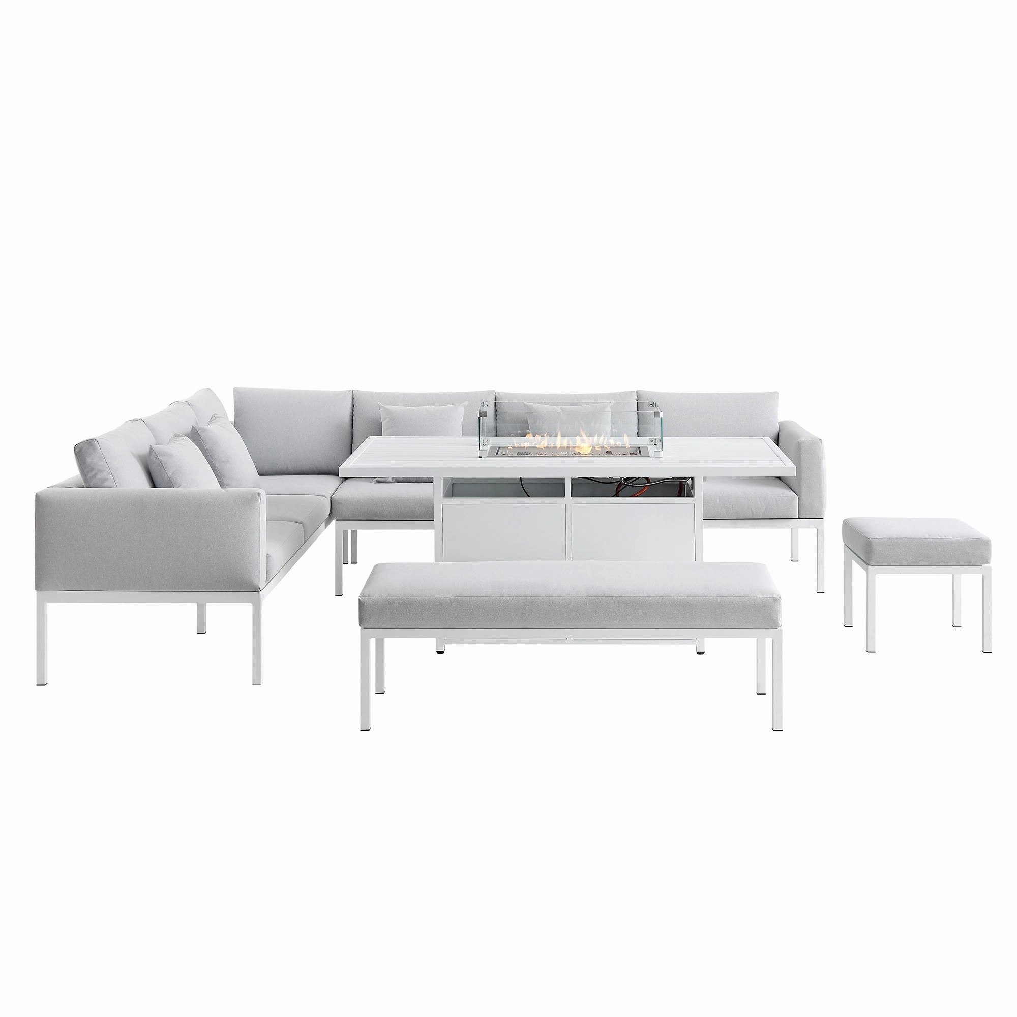 Calabasas Large Outdoor Fabric and Aluminium Corner Casual Dining Set with Firepit Table, Light Grey