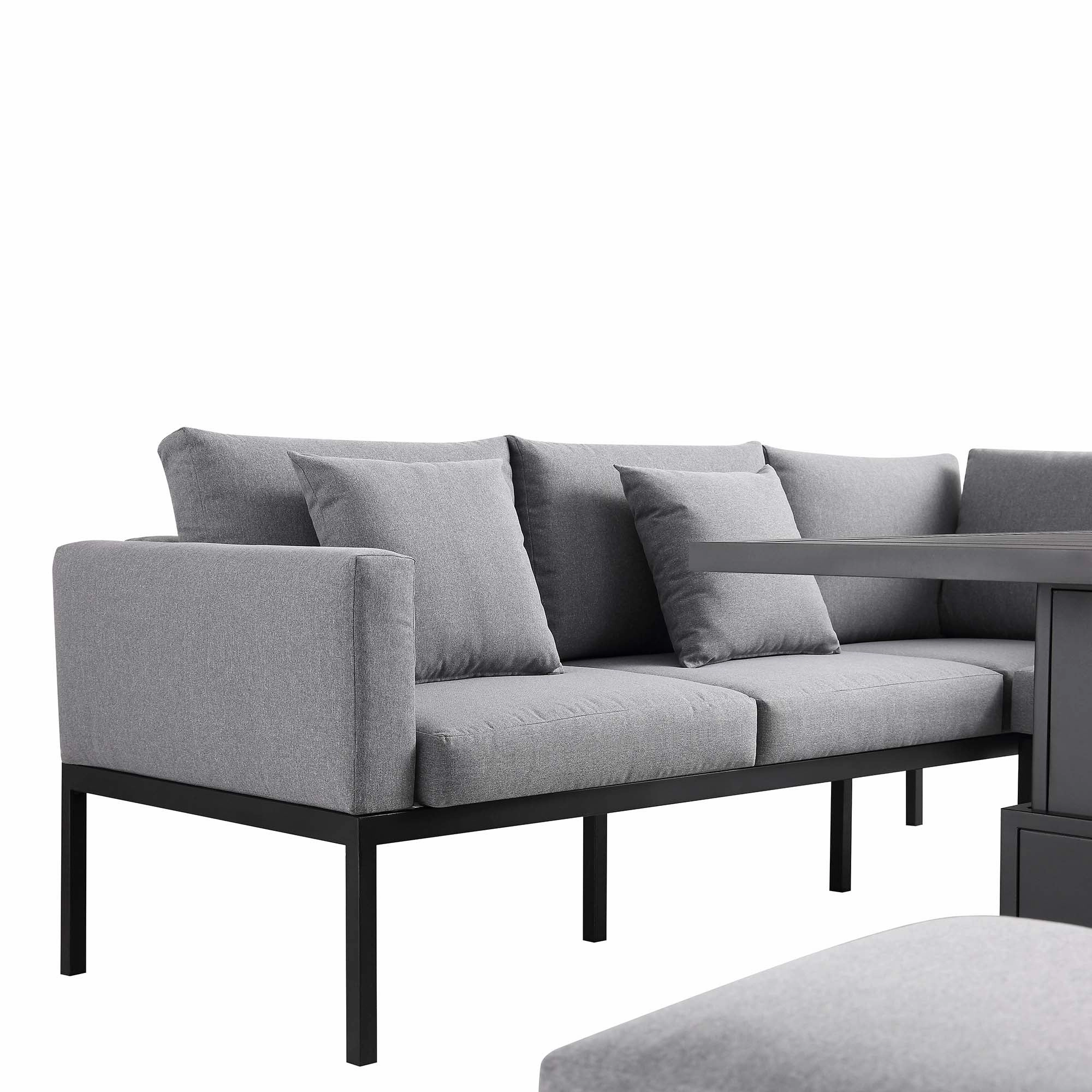 Calabasas Large Outdoor Fabric and Aluminium Corner Casual Dining Set with Rising Table, Dark Grey