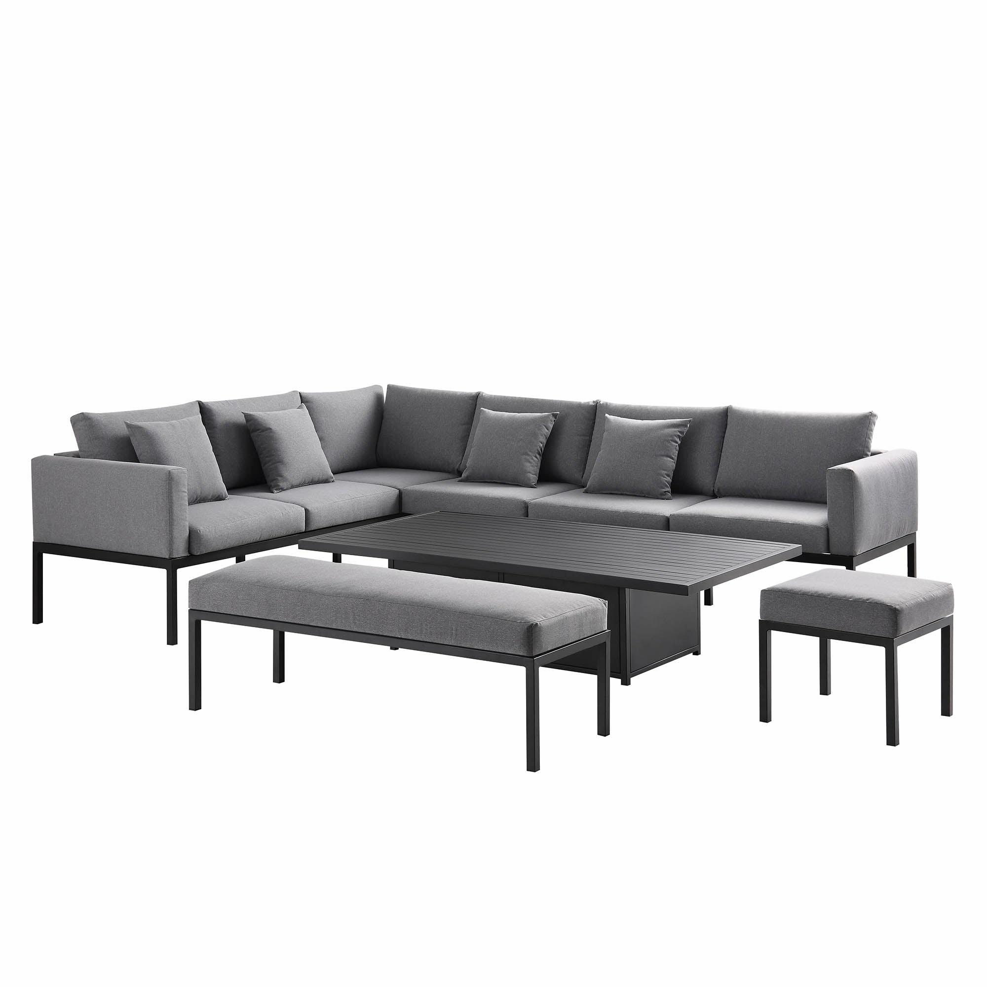 Calabasas Large Outdoor Fabric and Aluminium Corner Casual Dining Set with Rising Table, Dark Grey