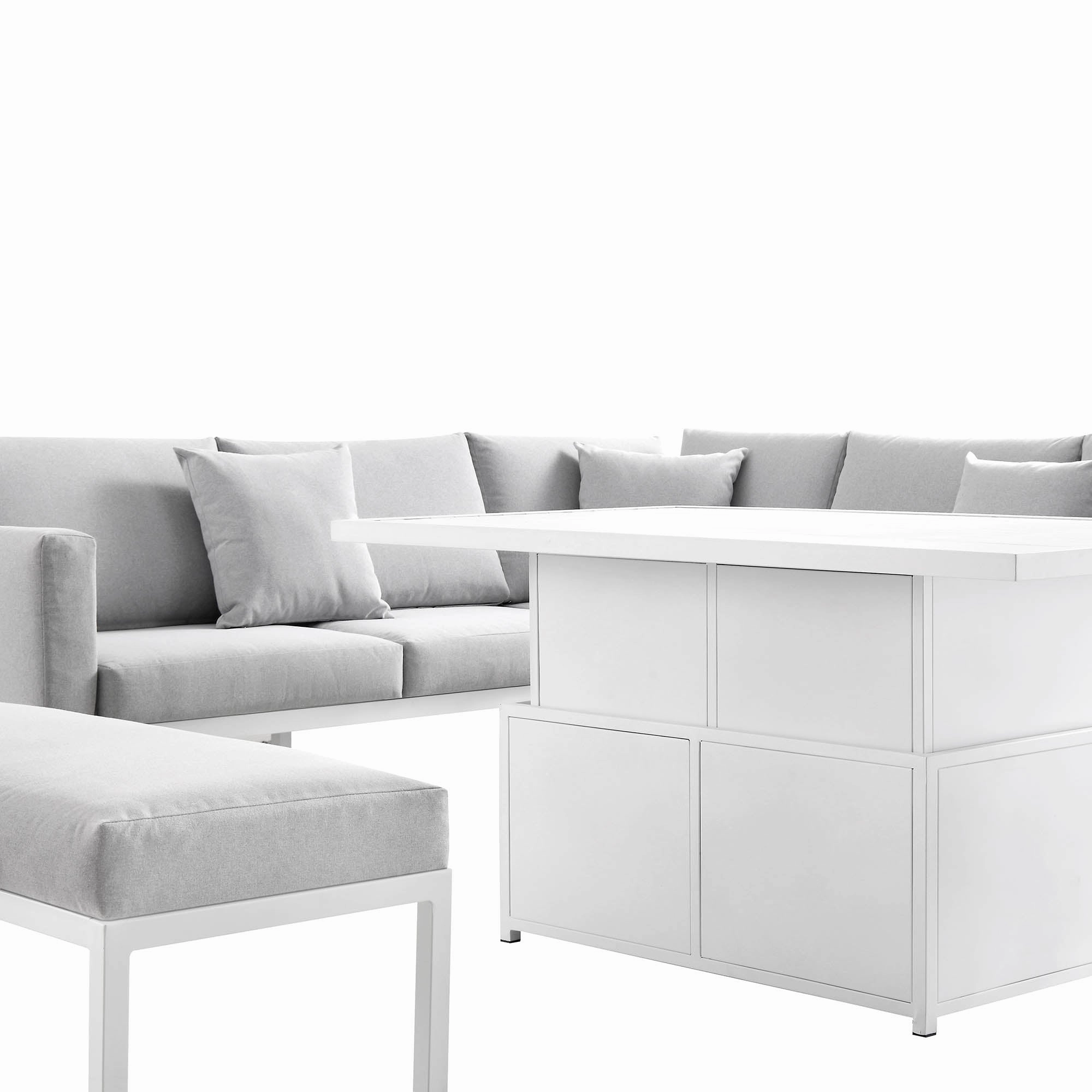 Calabasas Large Outdoor Fabric and Aluminium Corner Casual Dining Set with Rising Table, Light Grey