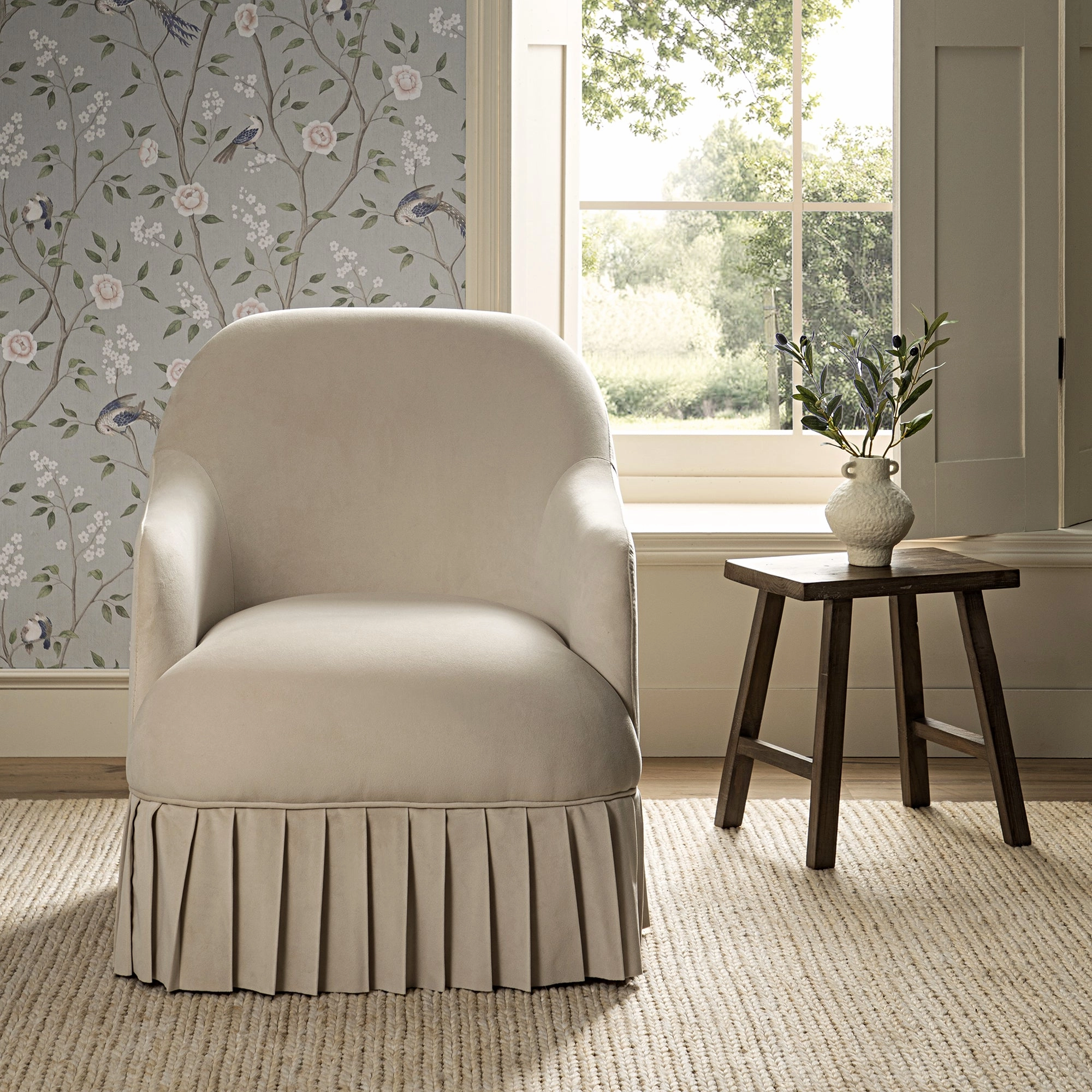Calliope Skirted Armchair, Beige Velvet