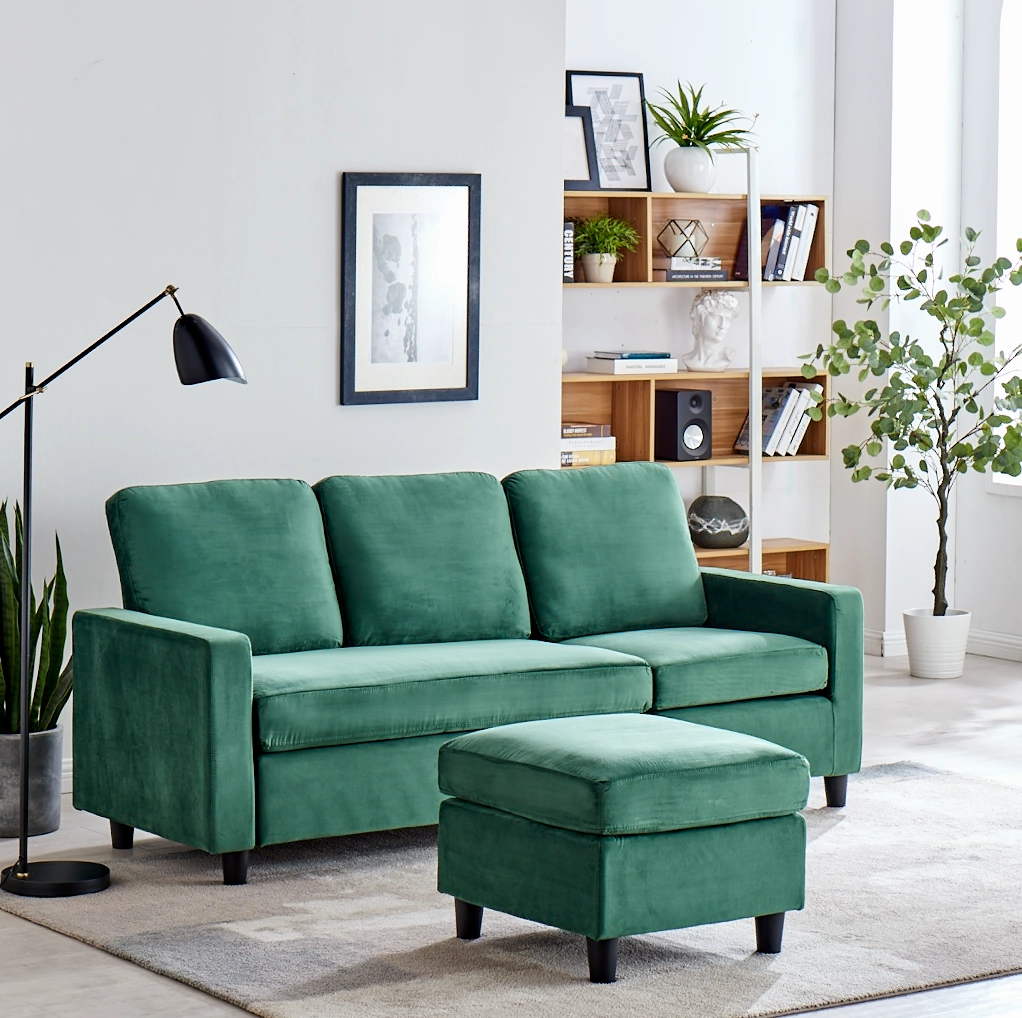 Campbell 3 Seater Sofa with Reversible Chaise in Green Velvet
