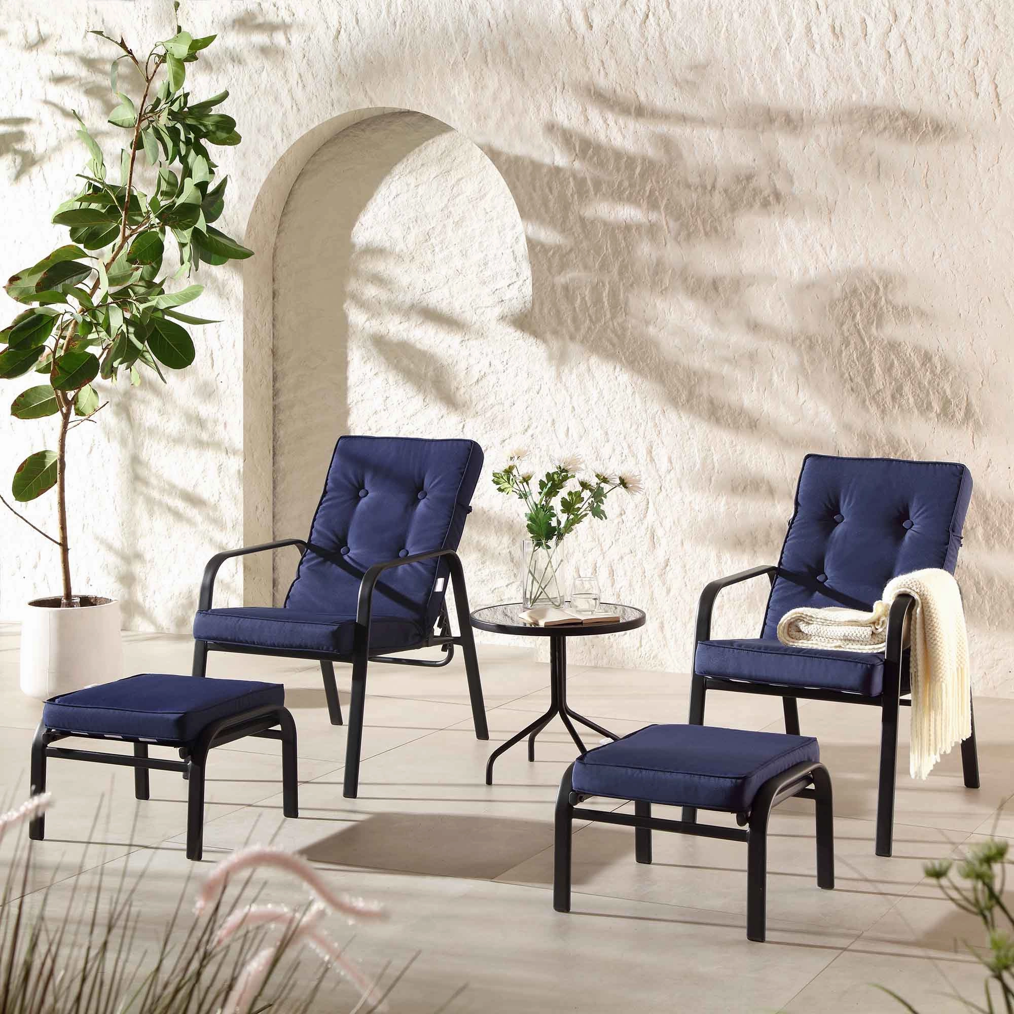 Champneys 2-Seater Steel and Fabric Outdoor Reclining Bistro Set with Stool, Blue