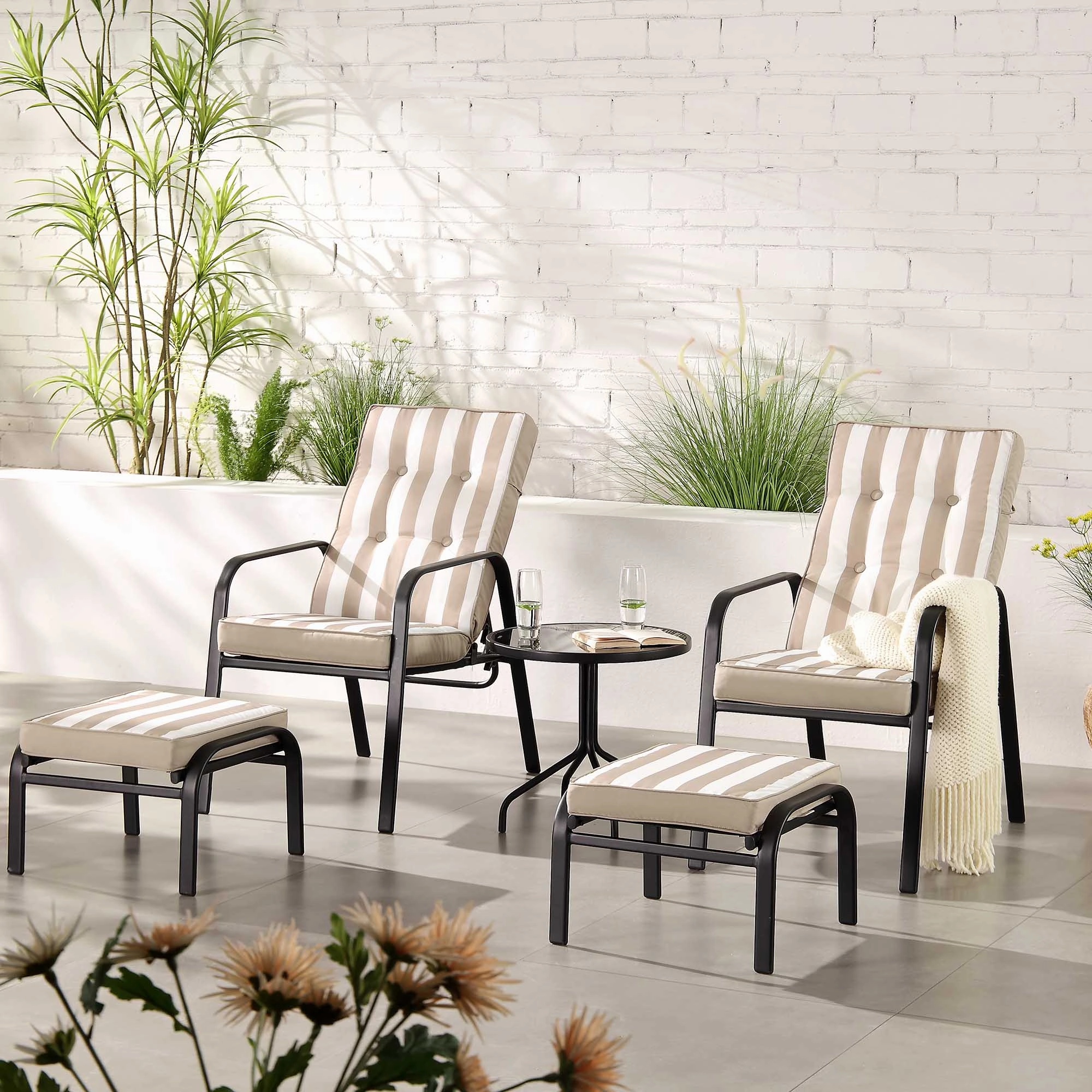 Champneys 2-Seater Steel and Fabric Outdoor Reclining Bistro Set with Stool, Taupe
