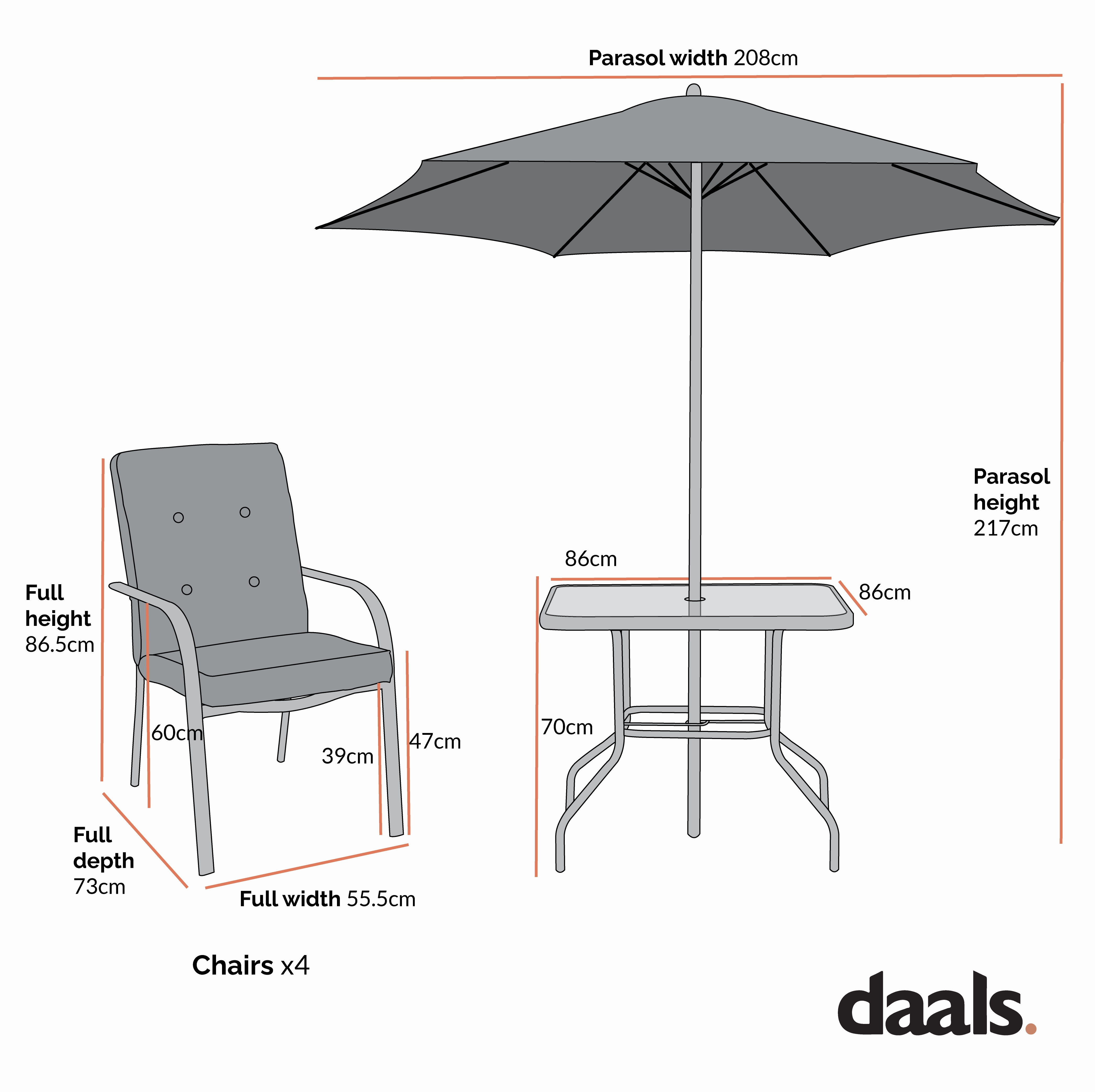 Champneys 4-Seater Steel and Fabric Outdoor Patio Dining Set with Parasol, Navy Blue