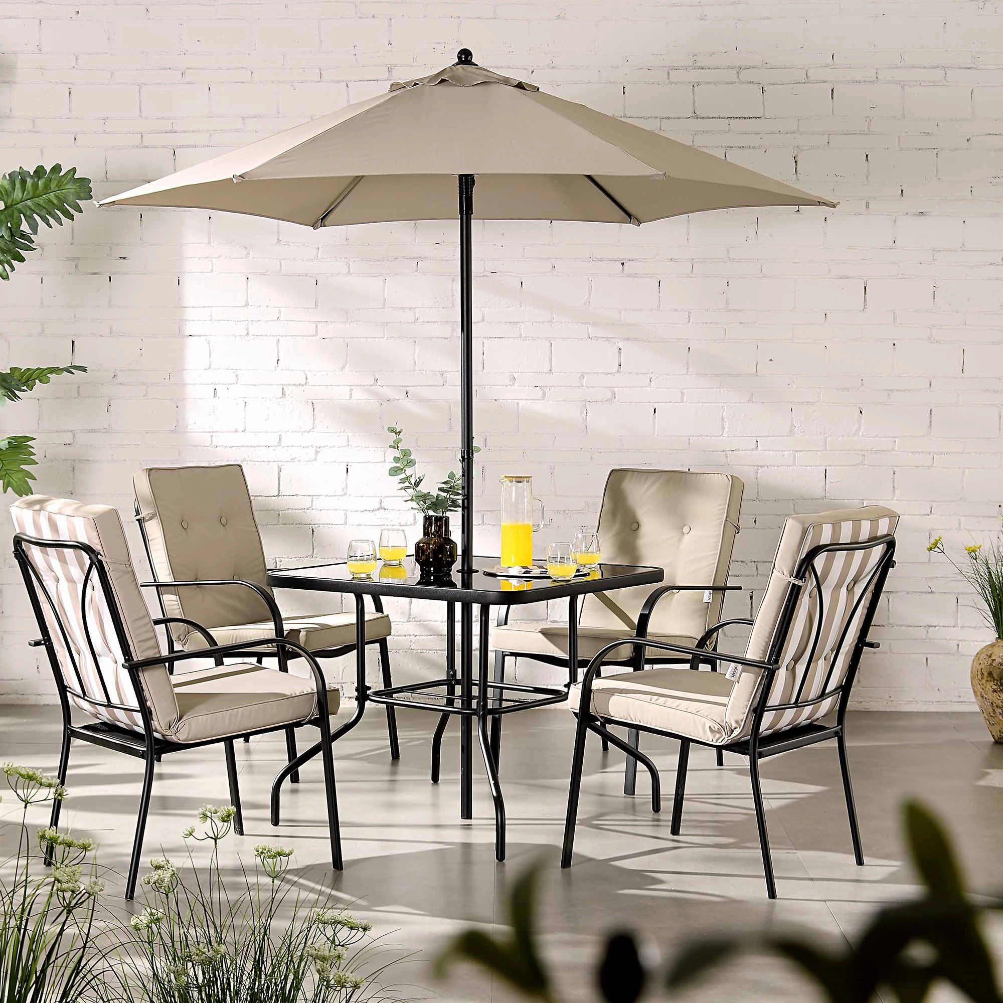 Champneys 4-Seater Steel and Fabric Outdoor Patio Dining Set with Parasol, Taupe
