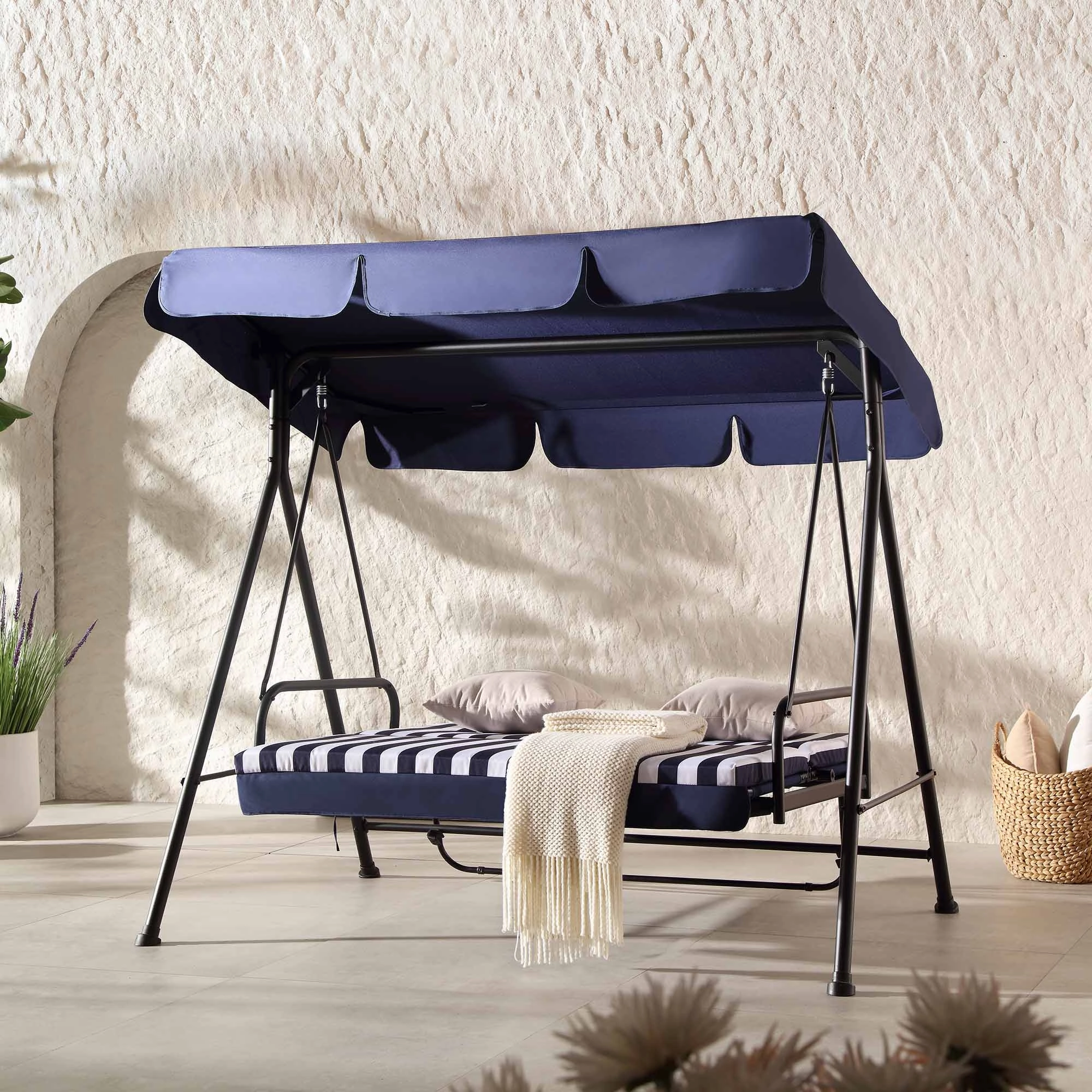 Champneys Outdoor Reclining Swing with Canopy, Blue Striped