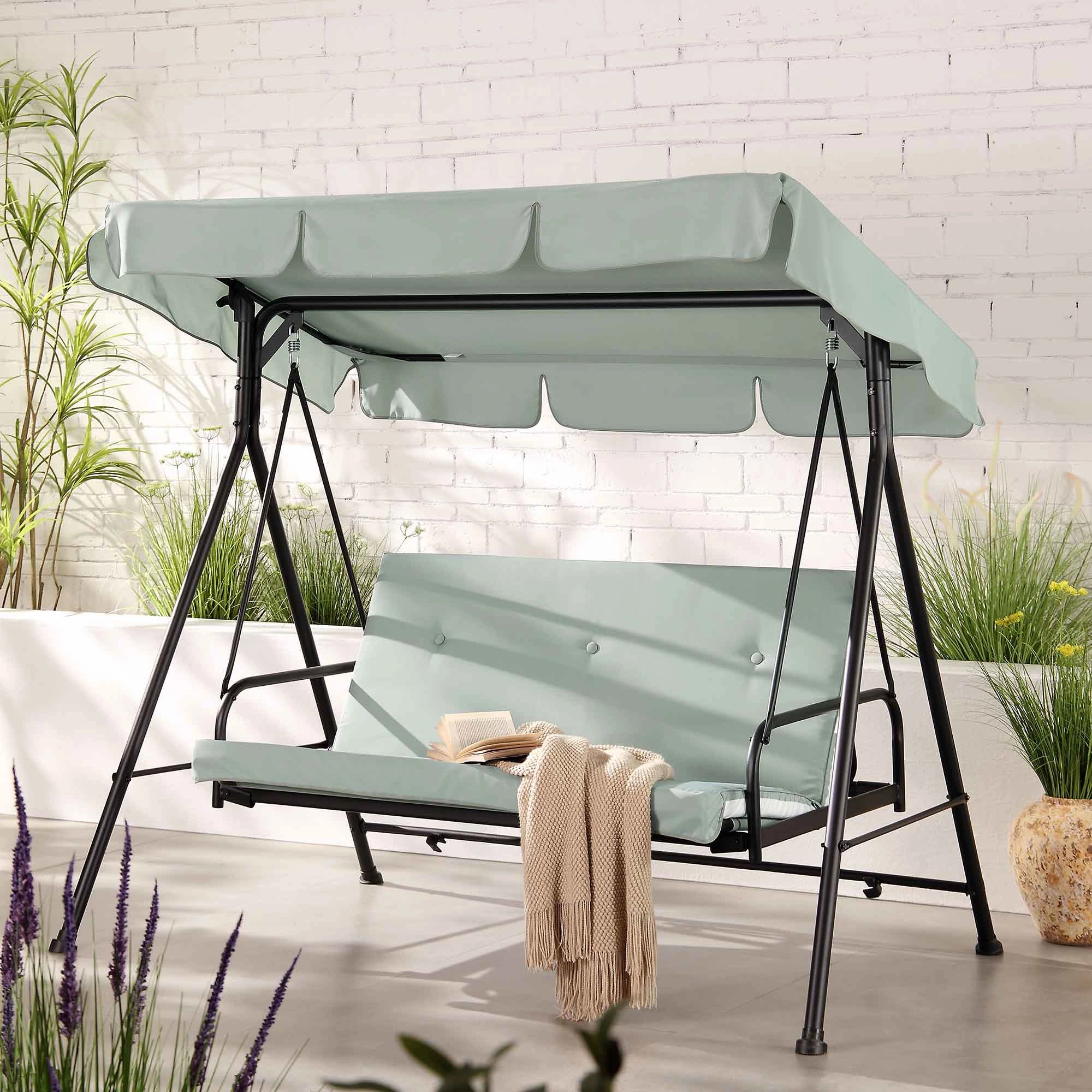Champneys Outdoor Reclining Swing with Canopy, Sage Green Striped