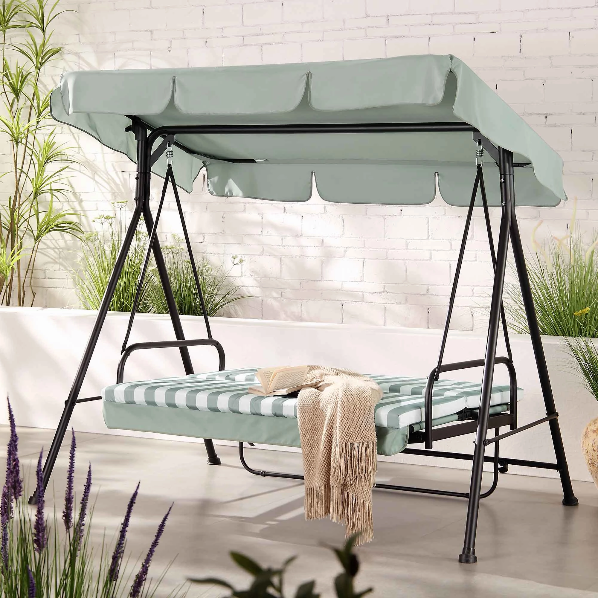 Champneys Outdoor Reclining Swing with Canopy, Sage Green Striped