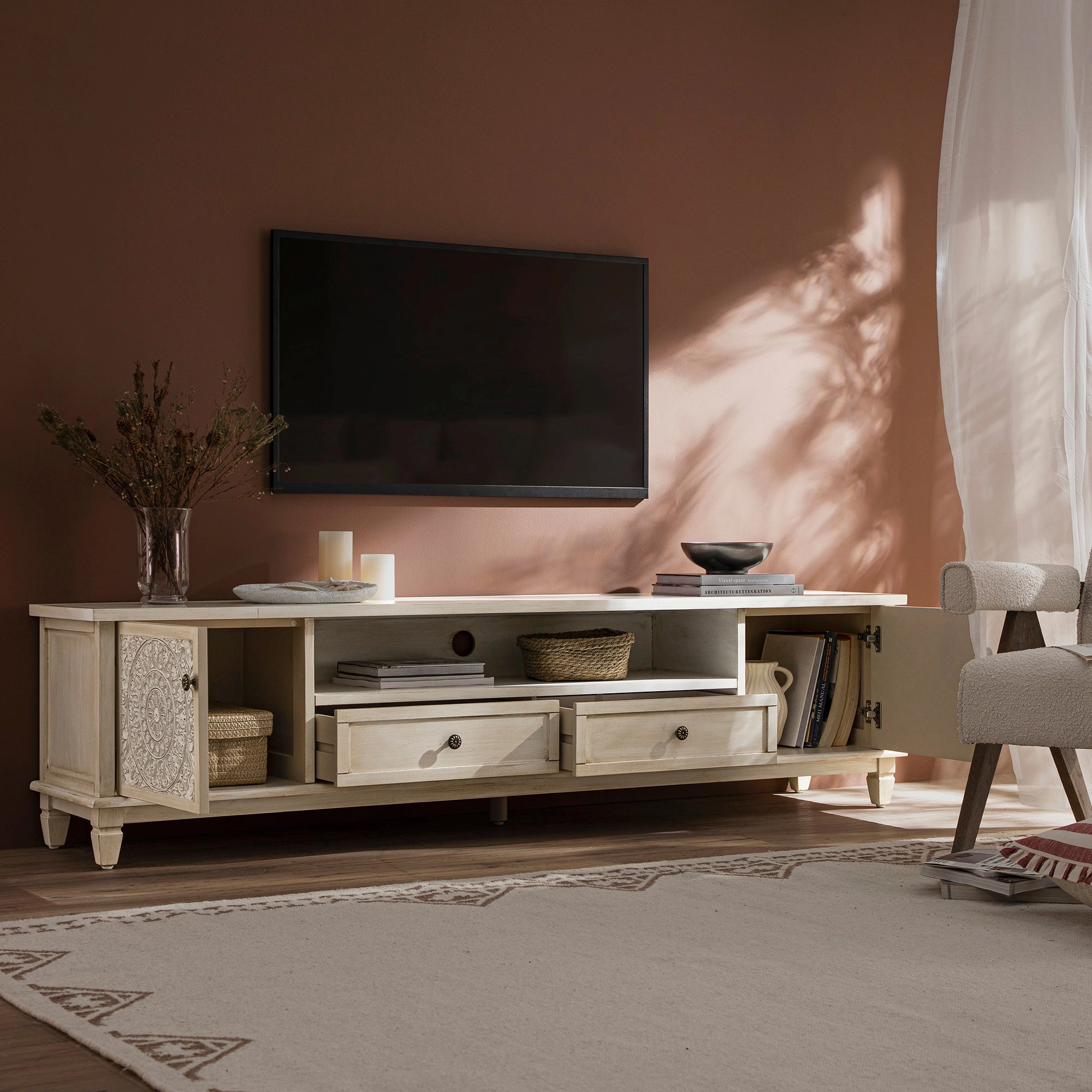 Chantilly Whitewashed 200cm Wide TV Unit