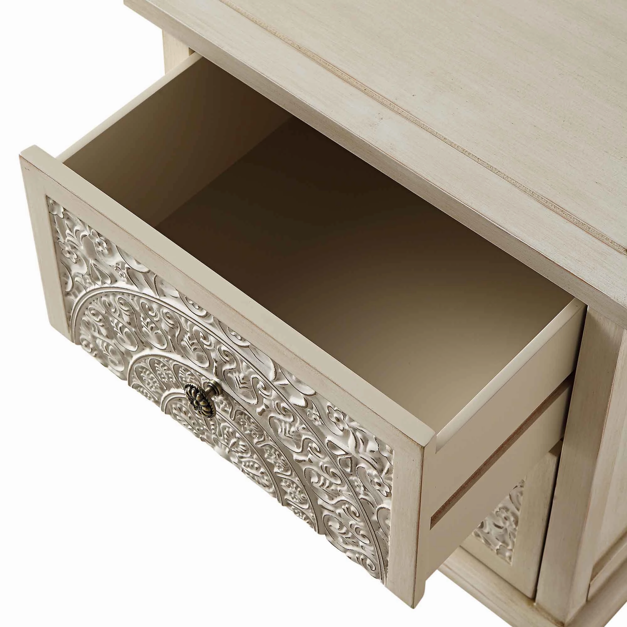 Chantilly Whitewashed Carved 2 Drawer Bedside Table