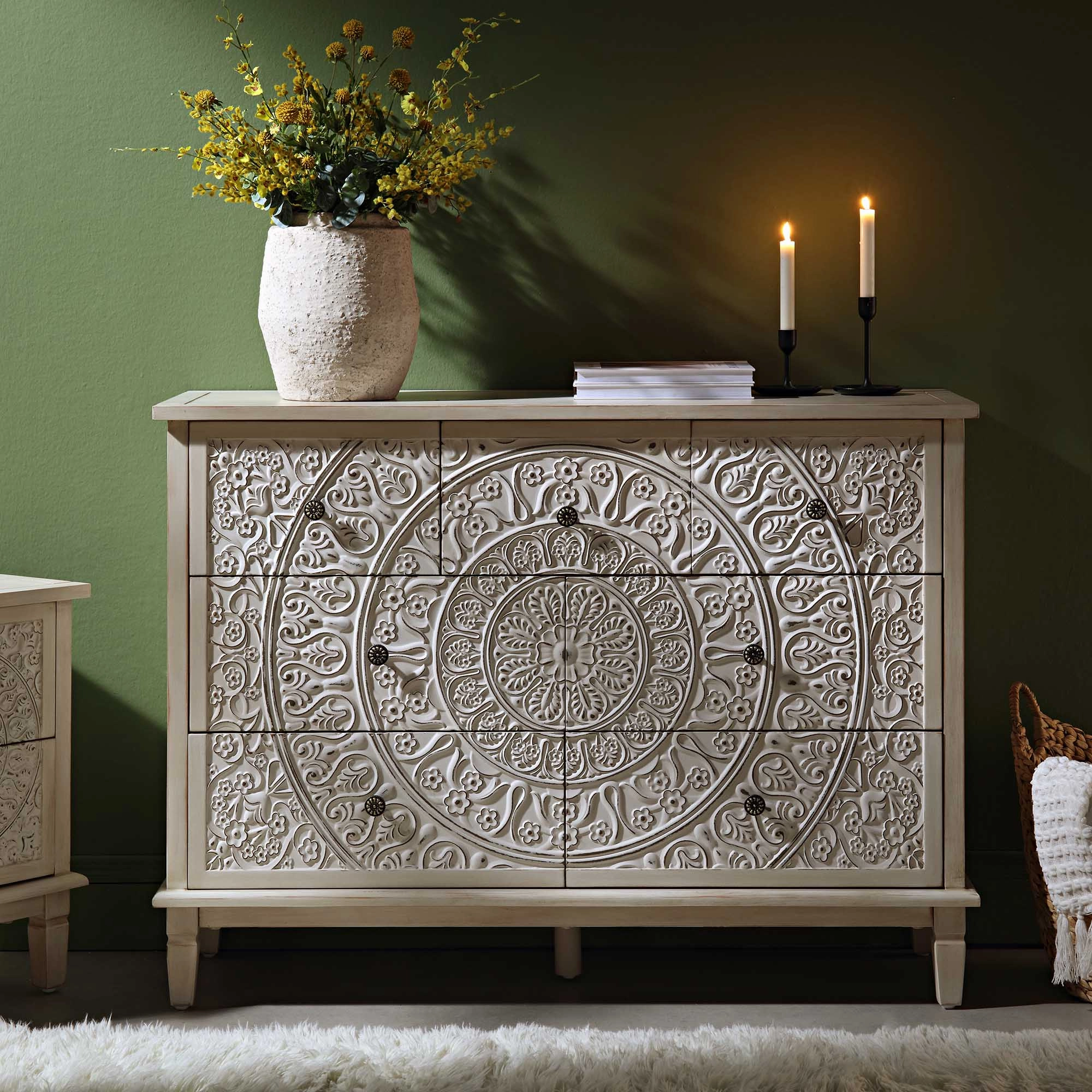 Chantilly Whitewashed Carved 3 over 4 Drawer Chest