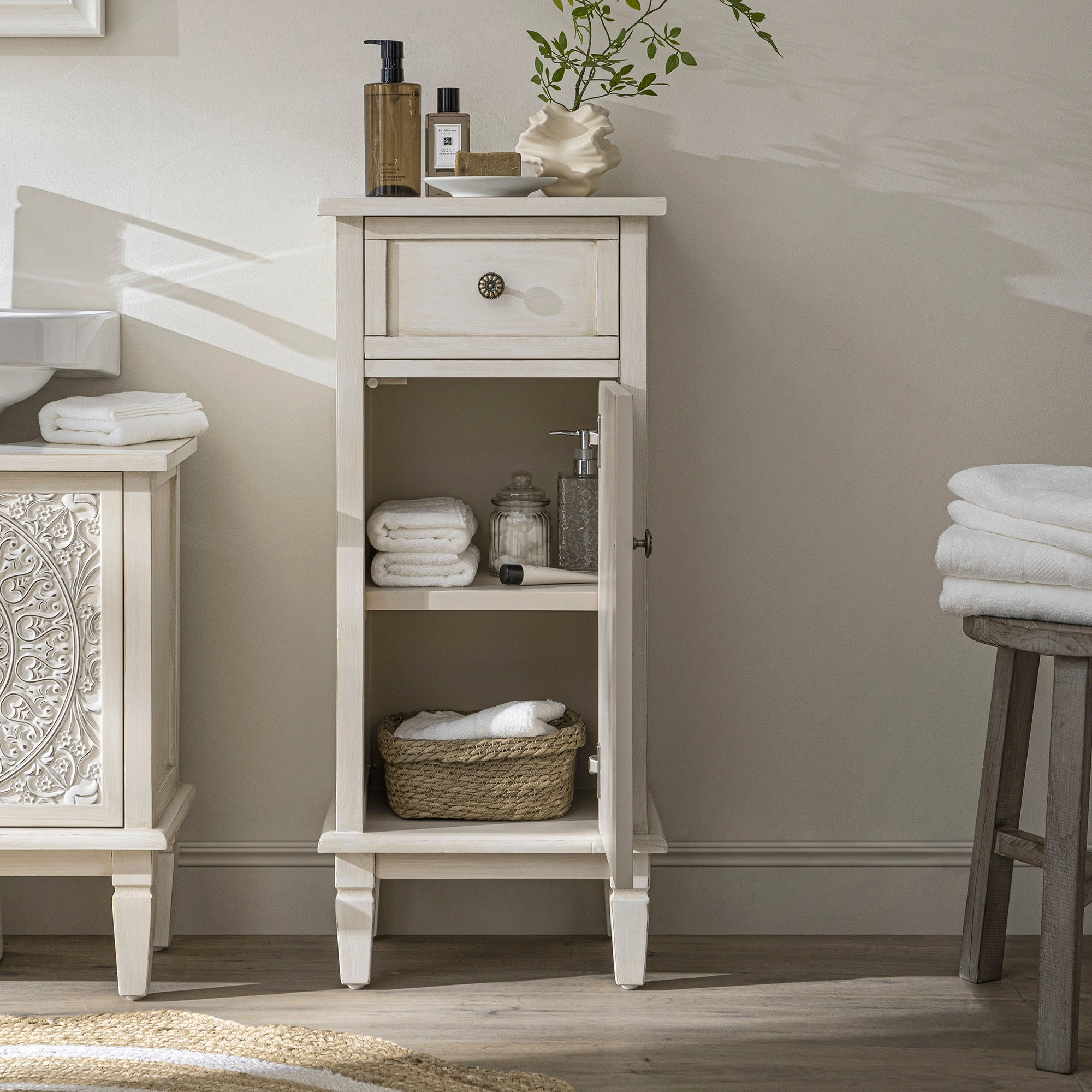 Chantilly Whitewashed Carved Bathroom Cupboard