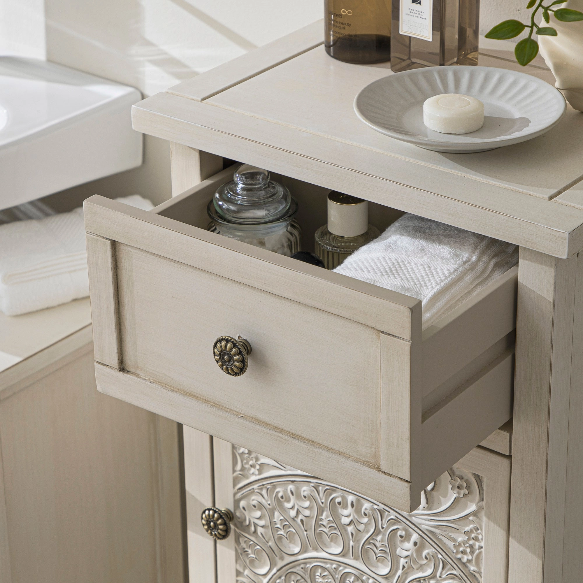 Chantilly Whitewashed Carved Bathroom Cupboard