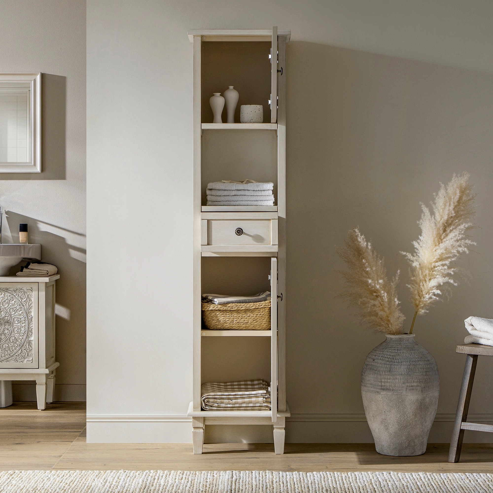 Chantilly Whitewashed Carved Bathroom Tallboy Cabinet