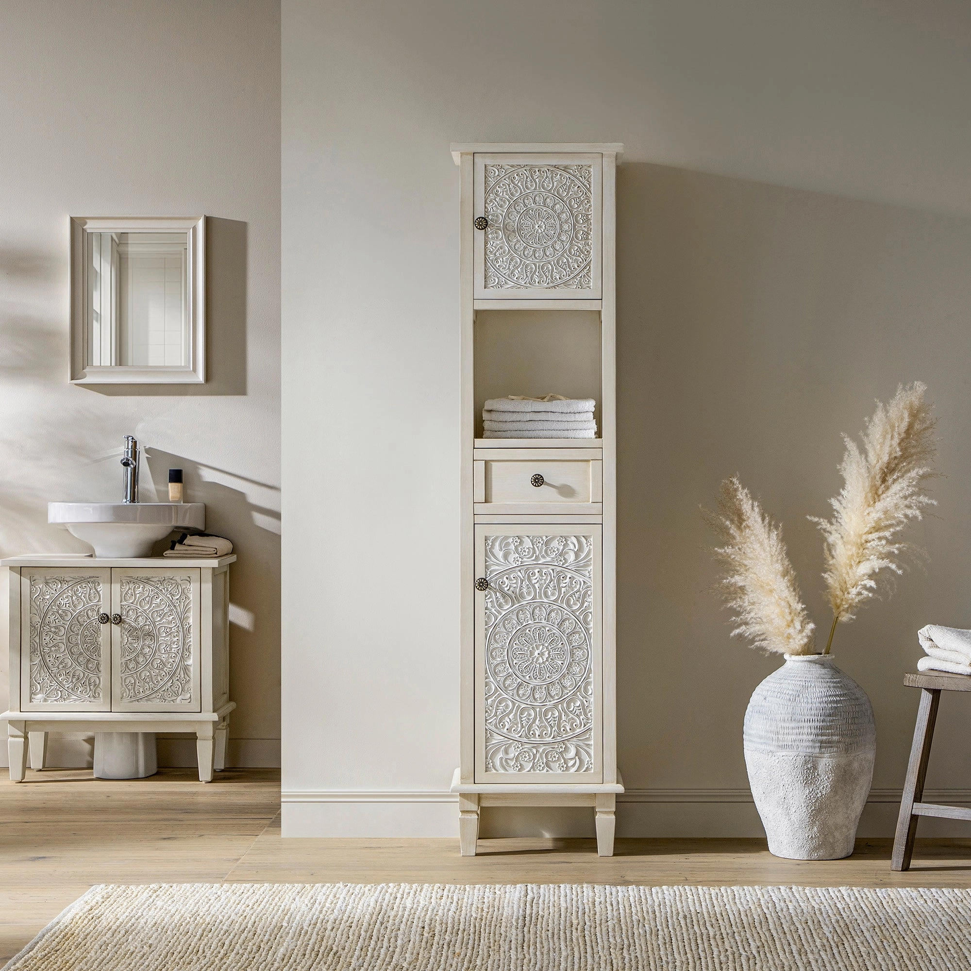 Chantilly Whitewashed Carved Bathroom Tallboy Cabinet