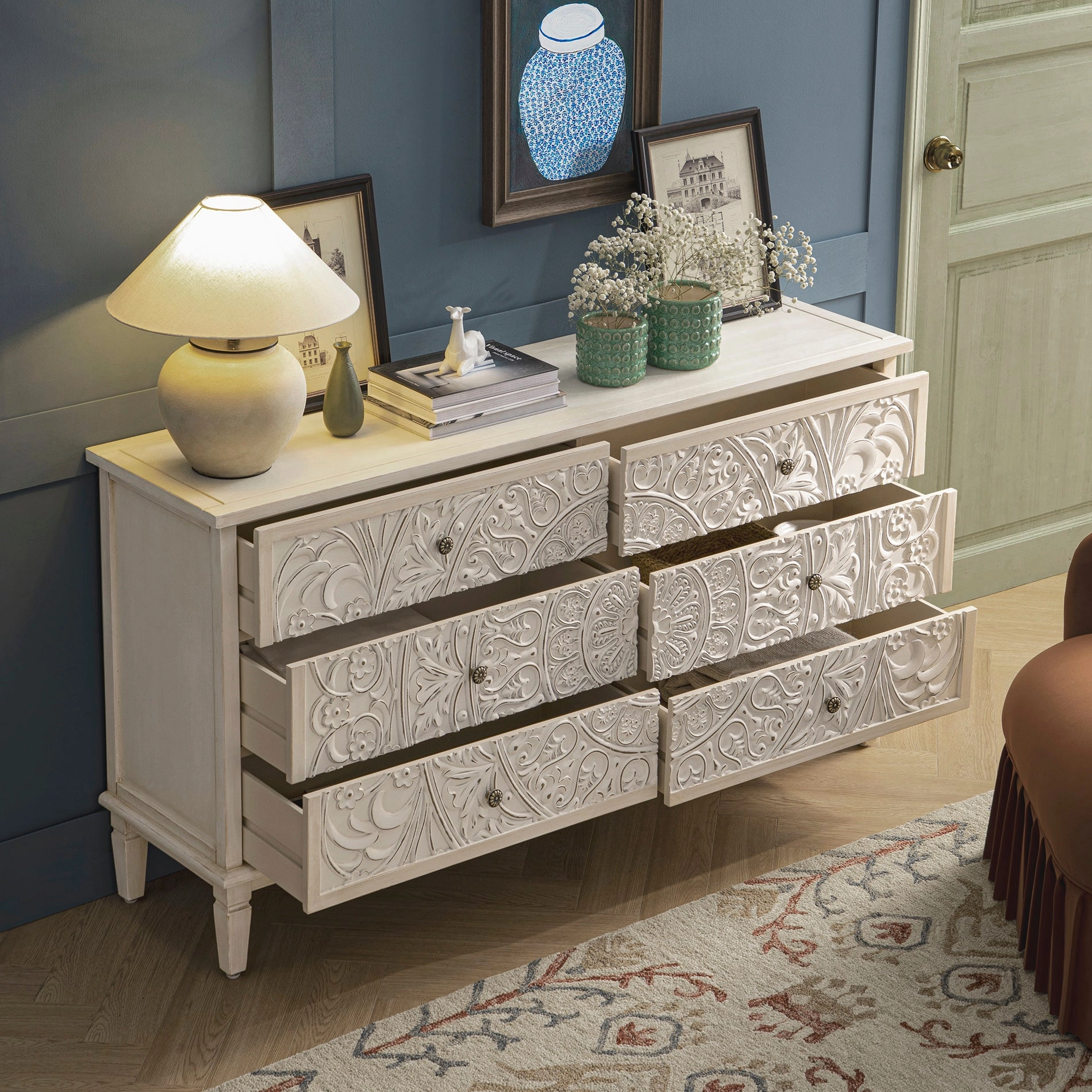 Chantilly Whitewashed Carved Wide 6 Drawer Chest