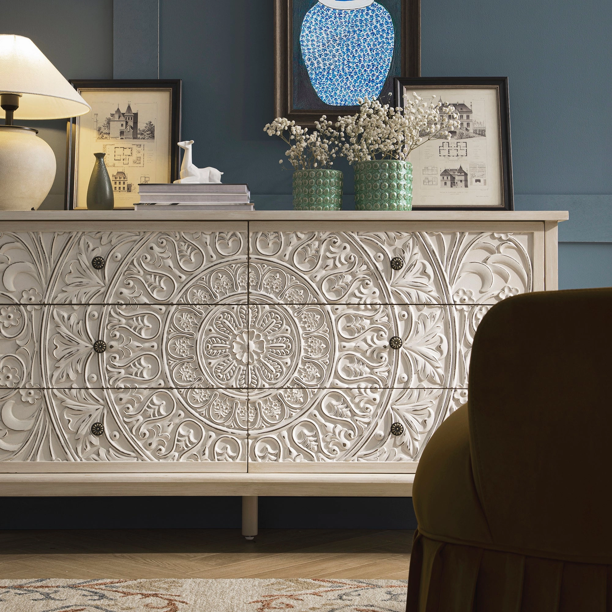 Chantilly Whitewashed Carved Wide 6 Drawer Chest