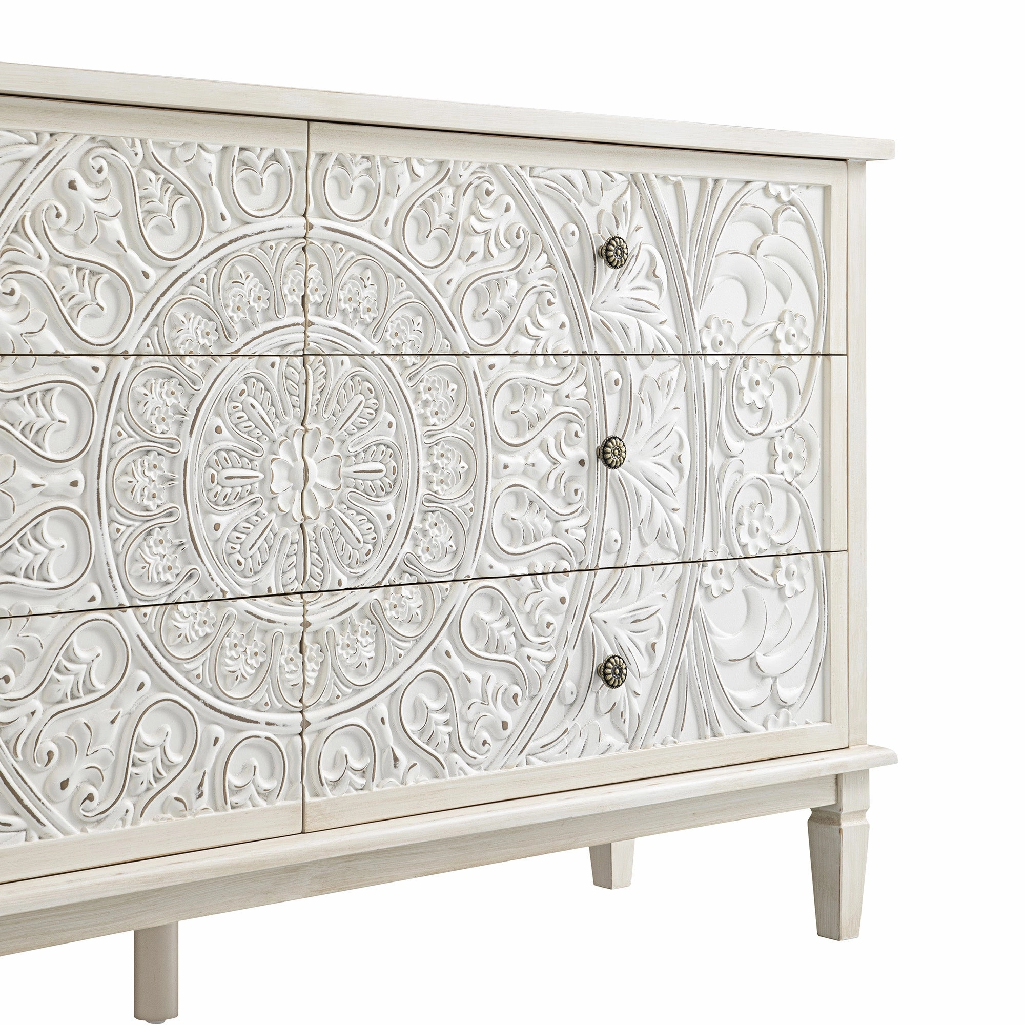 Chantilly Whitewashed Carved Wide 6 Drawer Chest