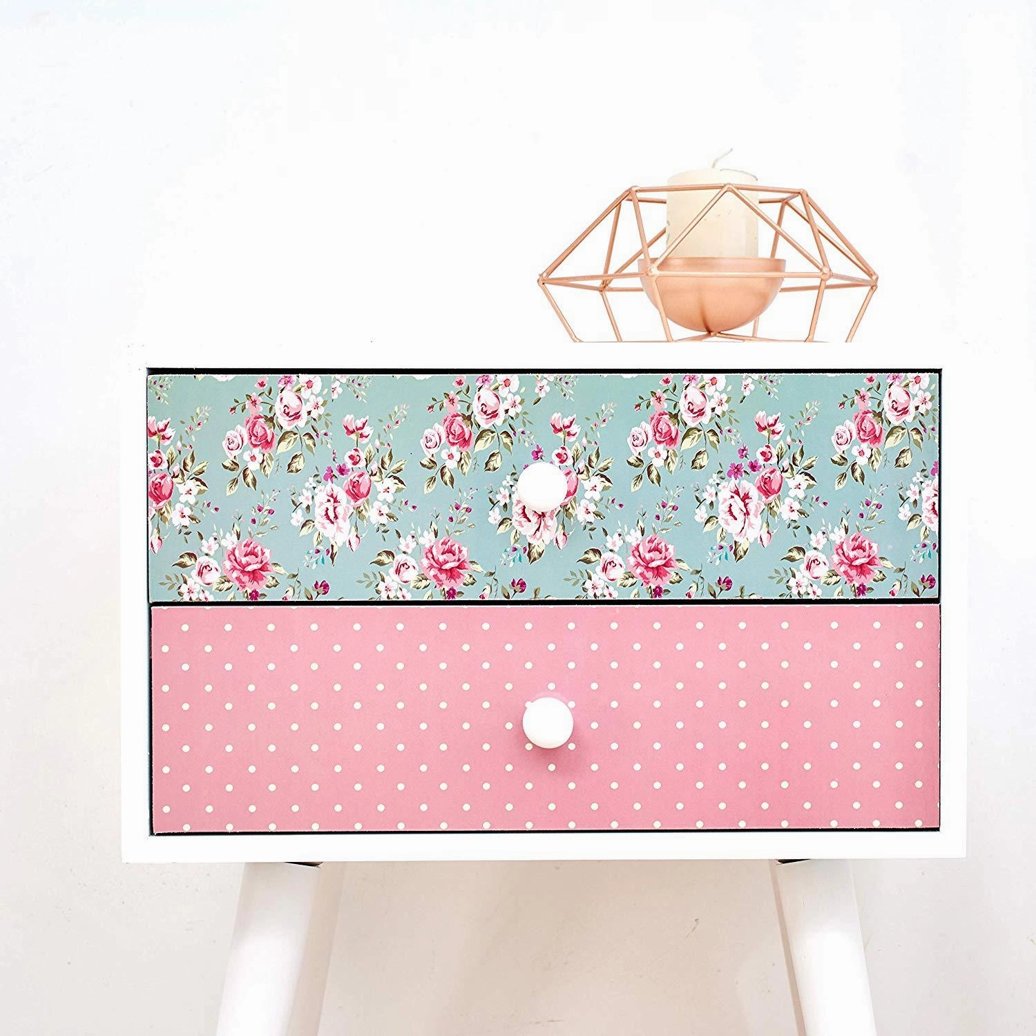 Cherry Tree Furniture CANTERBURY Wooden 2-Drawer Bedside Table Nightstand, Rose & Polka Dot Pattern