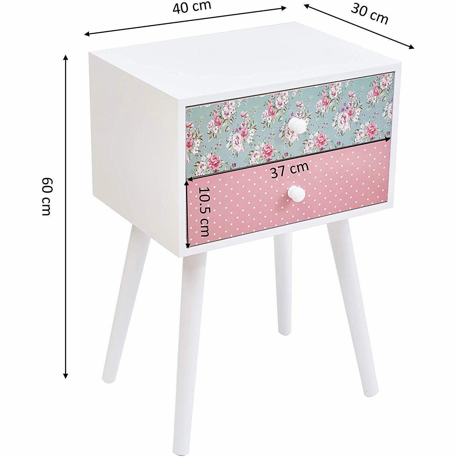 Cherry Tree Furniture CANTERBURY Wooden 2-Drawer Bedside Table Nightstand, Rose & Polka Dot Pattern