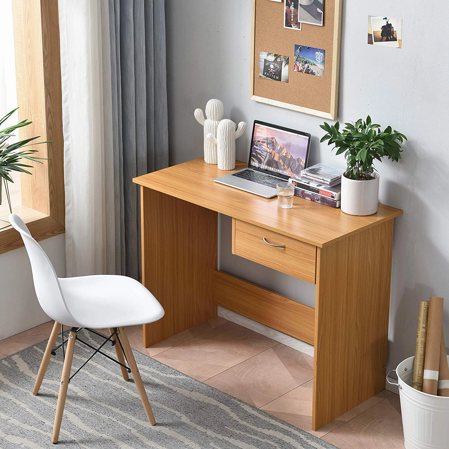 Cherry Tree Furniture MERV Computer Desk Home Office Desk with Drawer Beech Colour