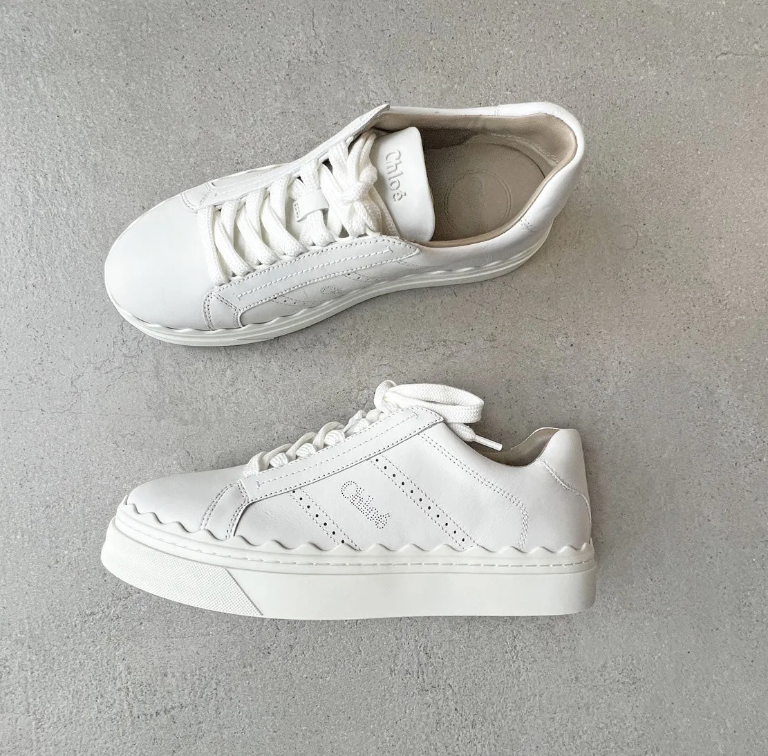 Chloé Shoes Lauren Leather Sneakers, Perforated Logo, White