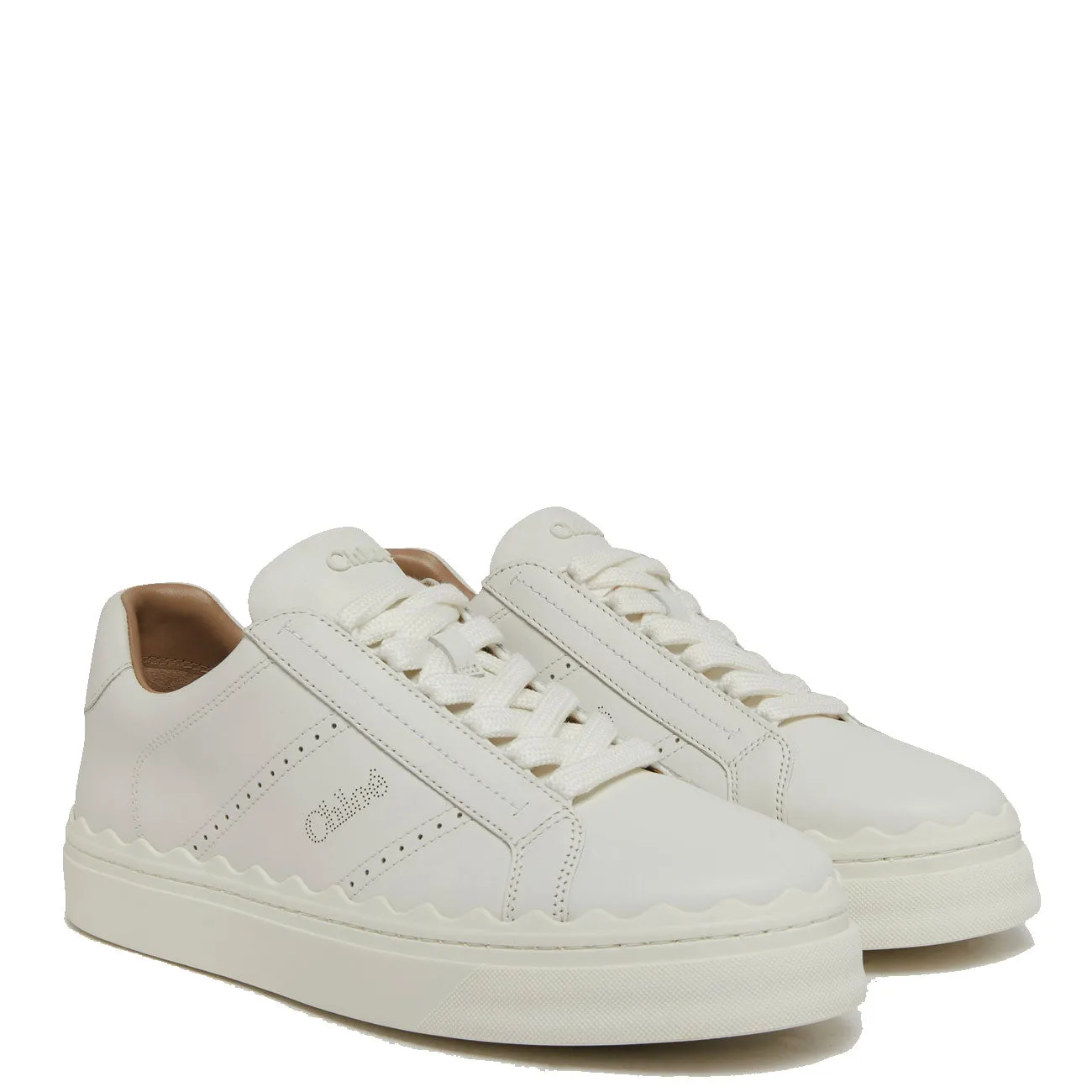 Chloé Shoes Lauren Leather Sneakers, Perforated Logo, White