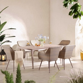 Cliveden Outdoor Aluminium Washed Wood Effect and Round Wicker Rattan 6-Seater Dining Set