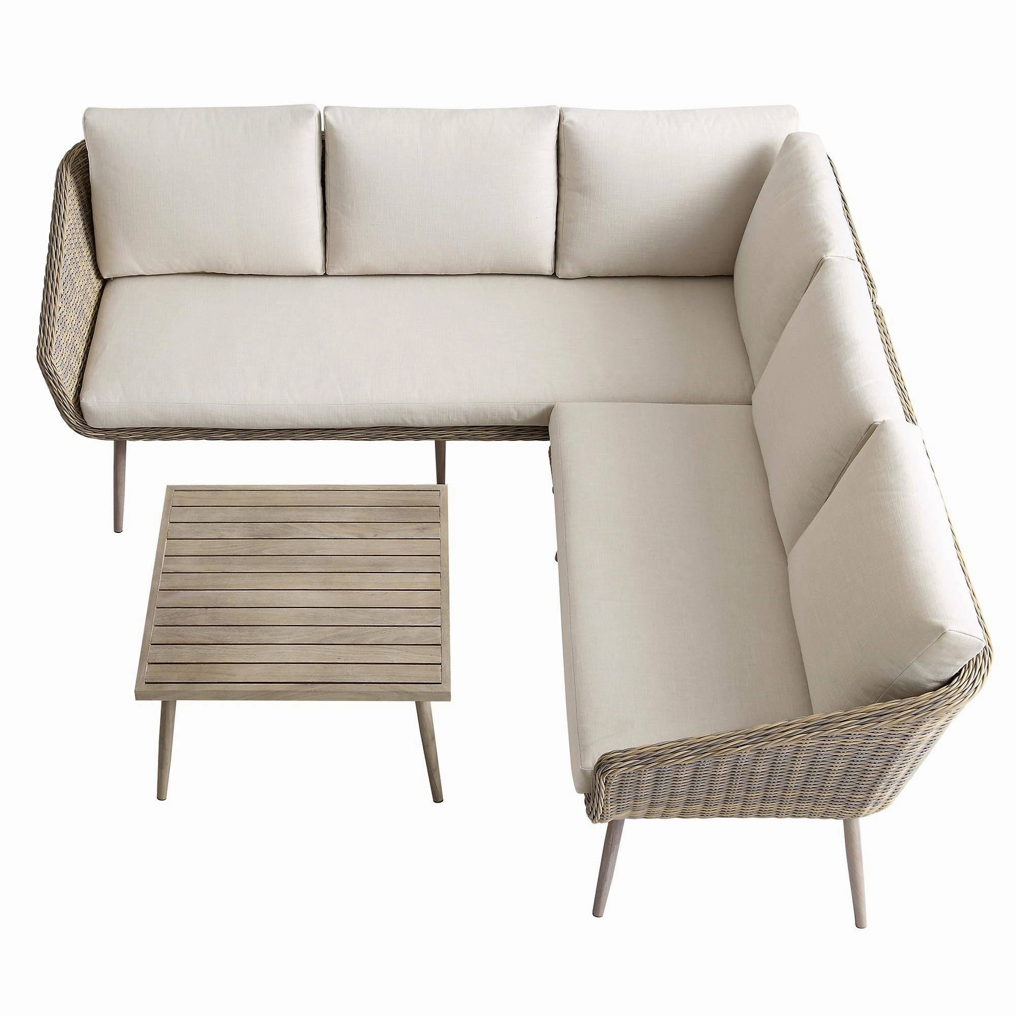 Cliveden Outdoor Aluminium Washed Wood Effect and Round Wicker Rattan Corner Sofa Set