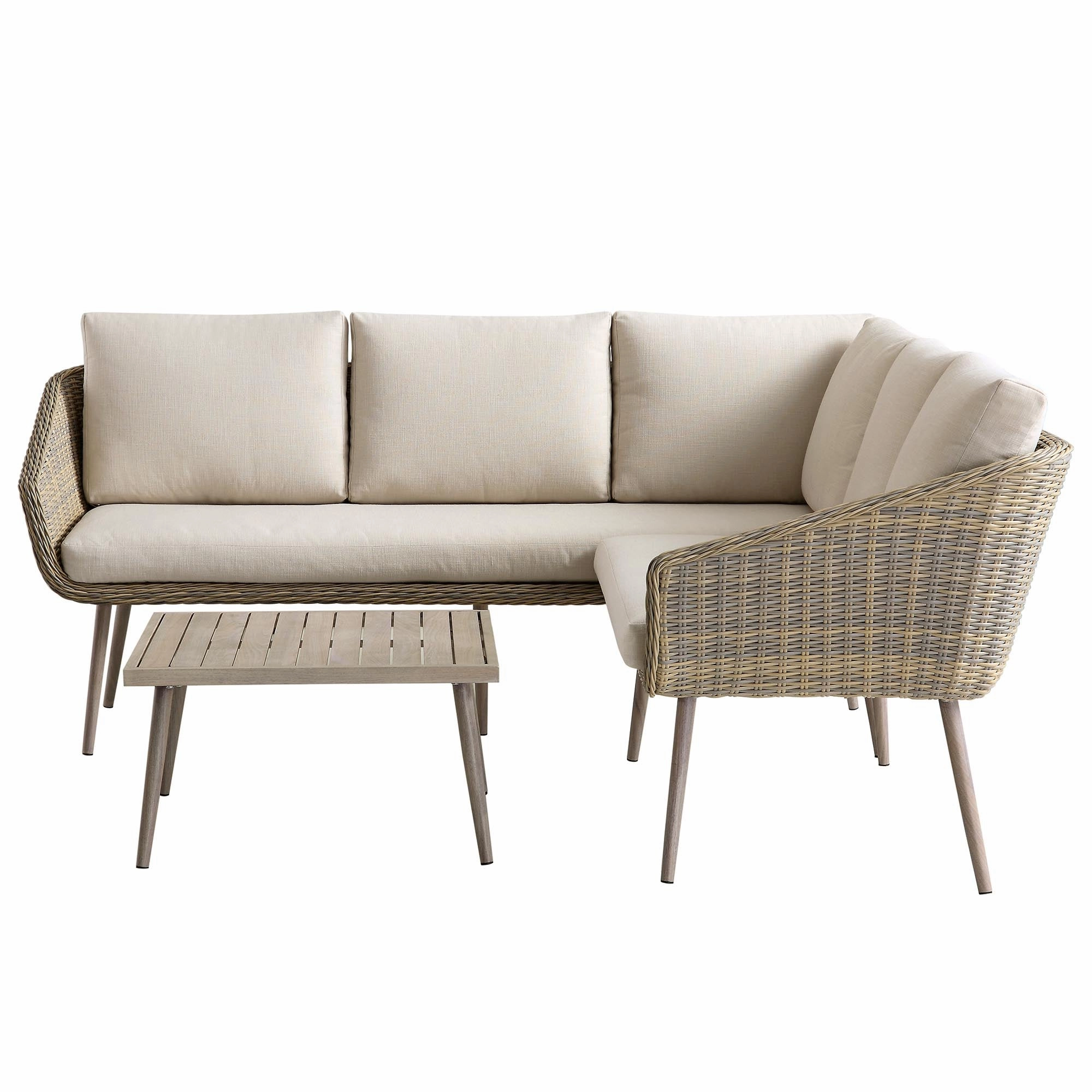 Cliveden Outdoor Aluminium Washed Wood Effect and Round Wicker Rattan Corner Sofa Set