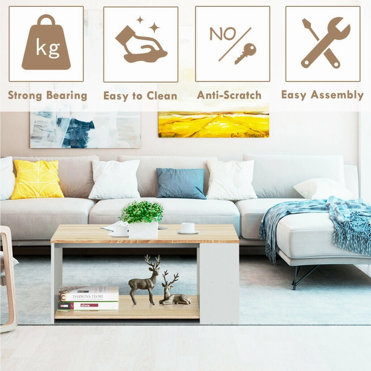 Coffee Table with Storage Shelves Stable Frame,Smooth Surface & Extra Storage Space