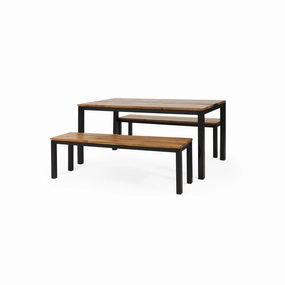 Colcord Outdoor Modern Industrial Acacia Wood 3 Piece Picnic Set, Teak and Black outdoor lounge chair, patio sofa