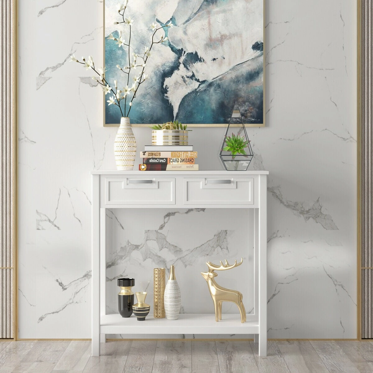 Console Sofa Table with 2 Drawers and Bottom Shelf