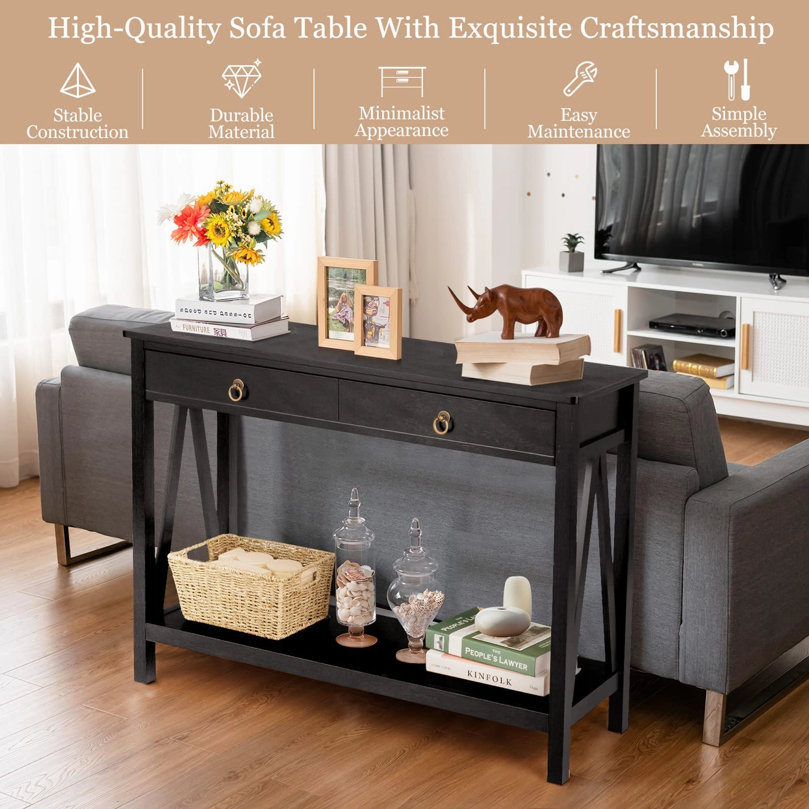 Console Table Entryway Sofa Side Table with 2 Drawers & Open Shelf